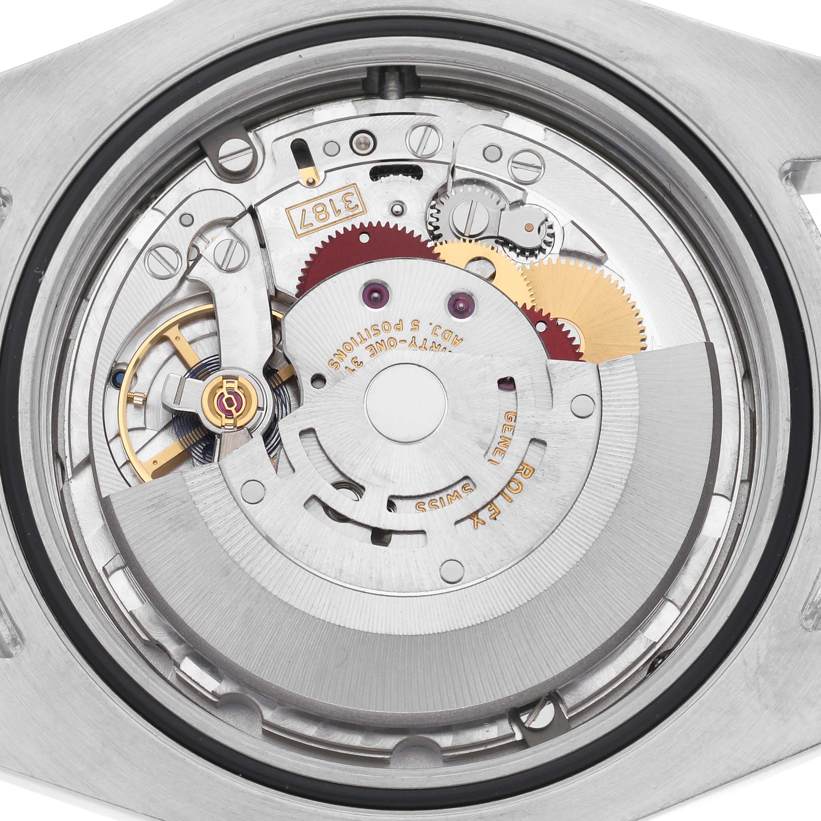 The image shows the internal movement of a Rolex Explorer 216570 Men
s Stainless Steel Black Dial 216570 Men
s Stainless Steel Black Dial watch, focusing on gears and components with a top-down view.