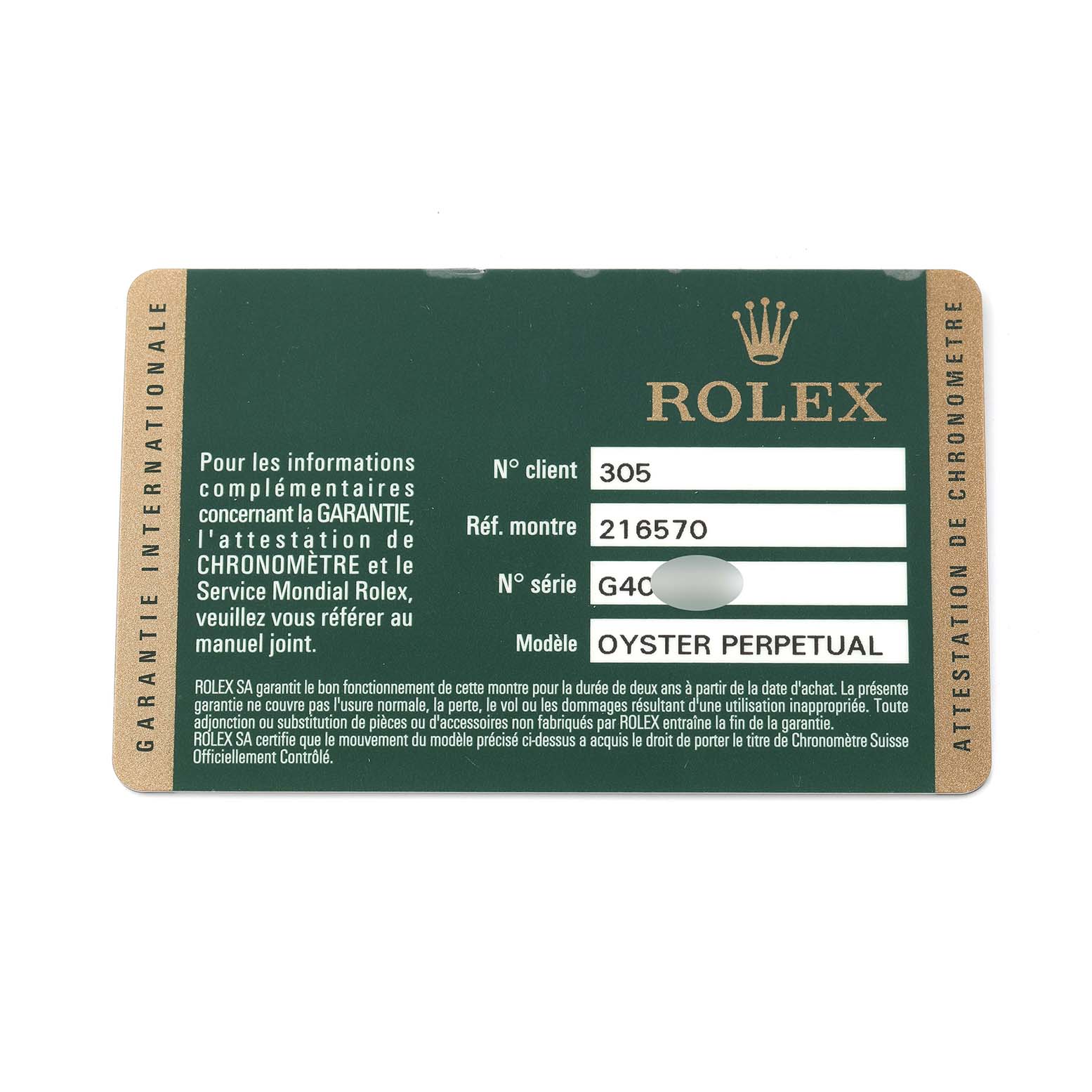 The image shows a Rolex guarantee card for the Explorer model, displaying reference and serial numbers.