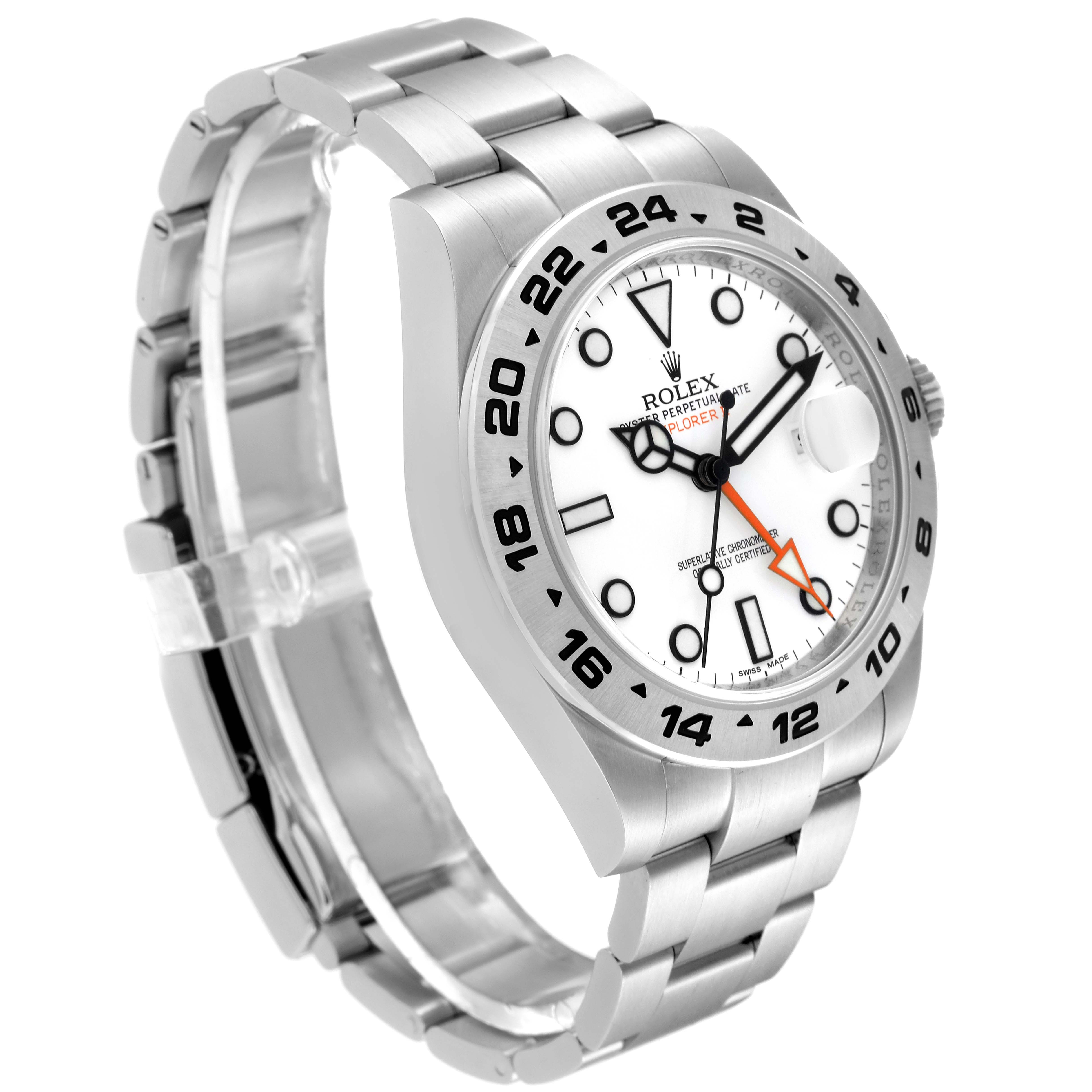 The image shows a Rolex Explorer 216570 Men
s Stainless Steel White Dial 216570 Men
s Stainless Steel White Dial watch at a slight angle, revealing the face, bezel, crown, and part of the bracelet.