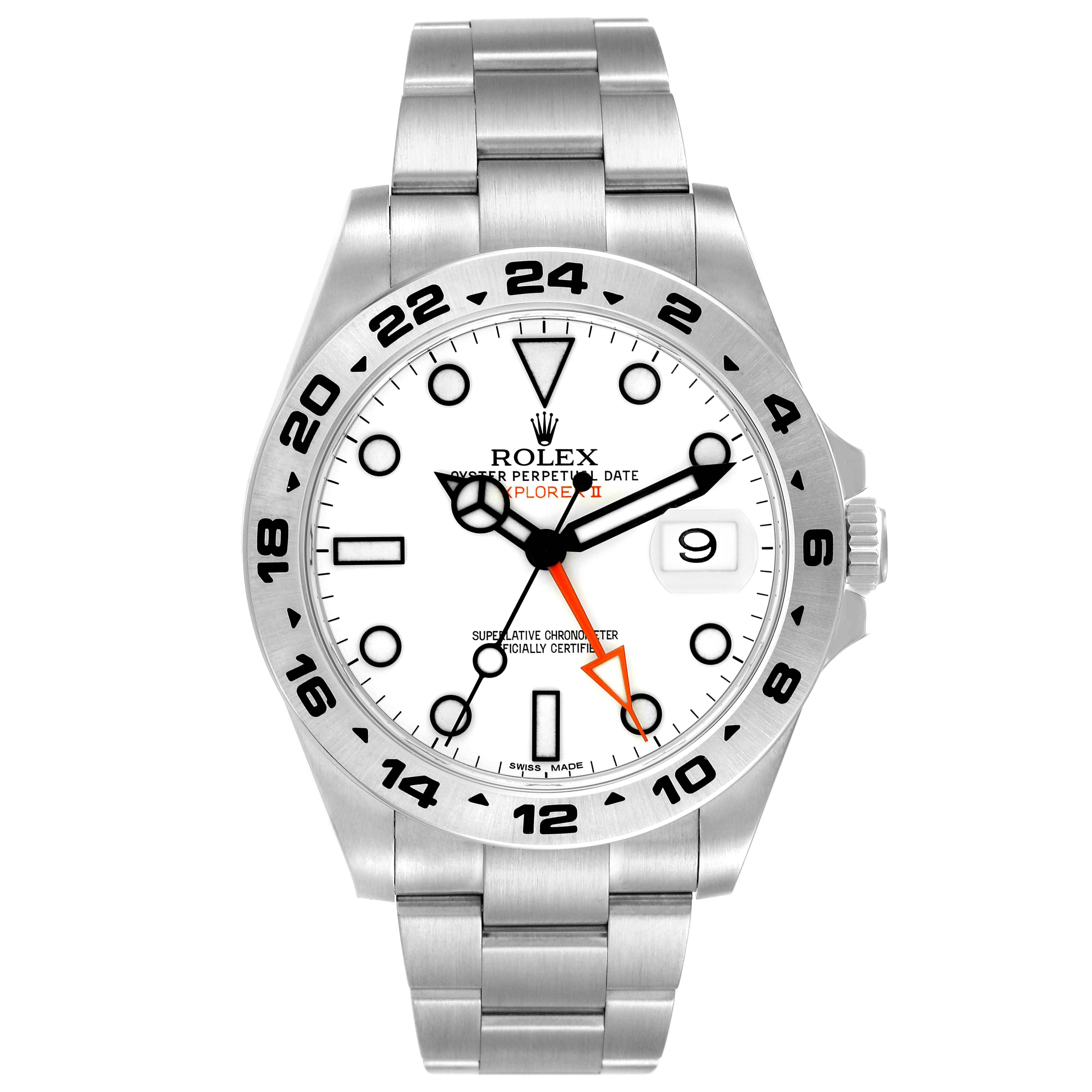 The image shows a front view of a Rolex Explorer 216570 Men
s Stainless Steel White Dial 216570 Men
s Stainless Steel White Dial watch displaying the face, bezel, crown, and stainless steel bracelet.