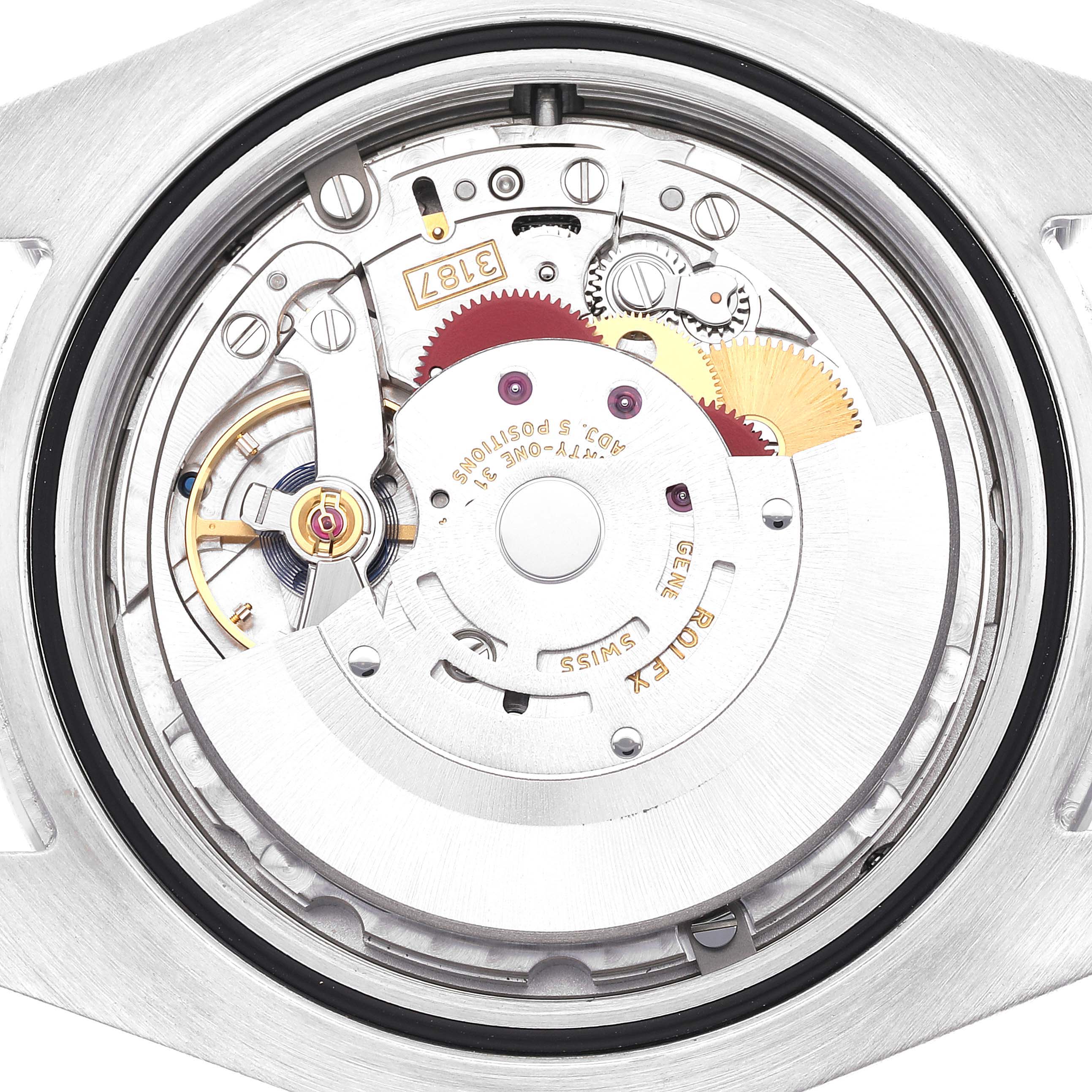 This image shows the movement of a Rolex Explorer 216570 Men
s Stainless Steel White Dial 216570 Men
s Stainless Steel White Dial watch from a top-down angle.