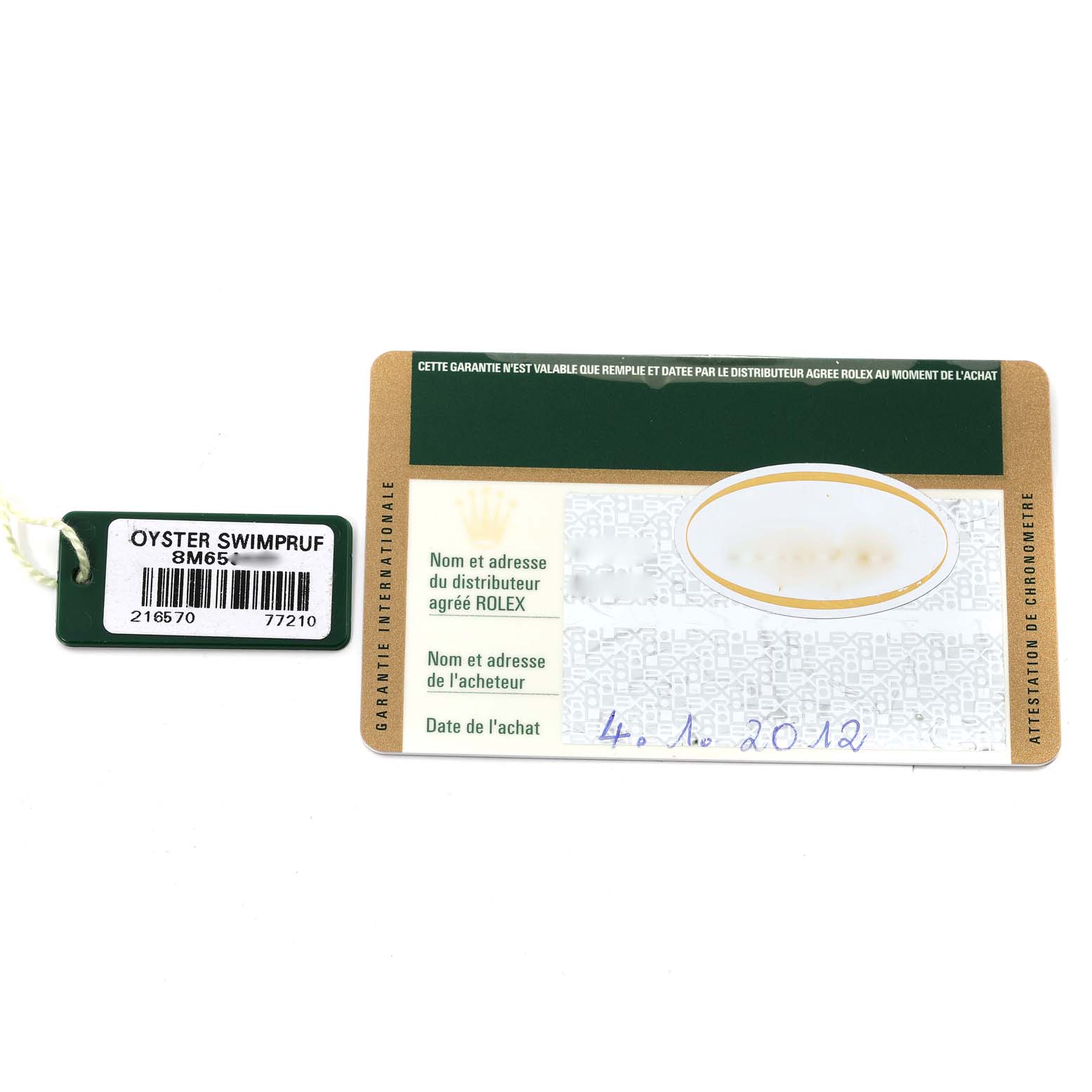 The image shows a warranty card and an Oyster Swimpruf tag for a Rolex Explorer 216570 Men
s Stainless Steel White Dial 216570 Men
s Stainless Steel White Dial watch.