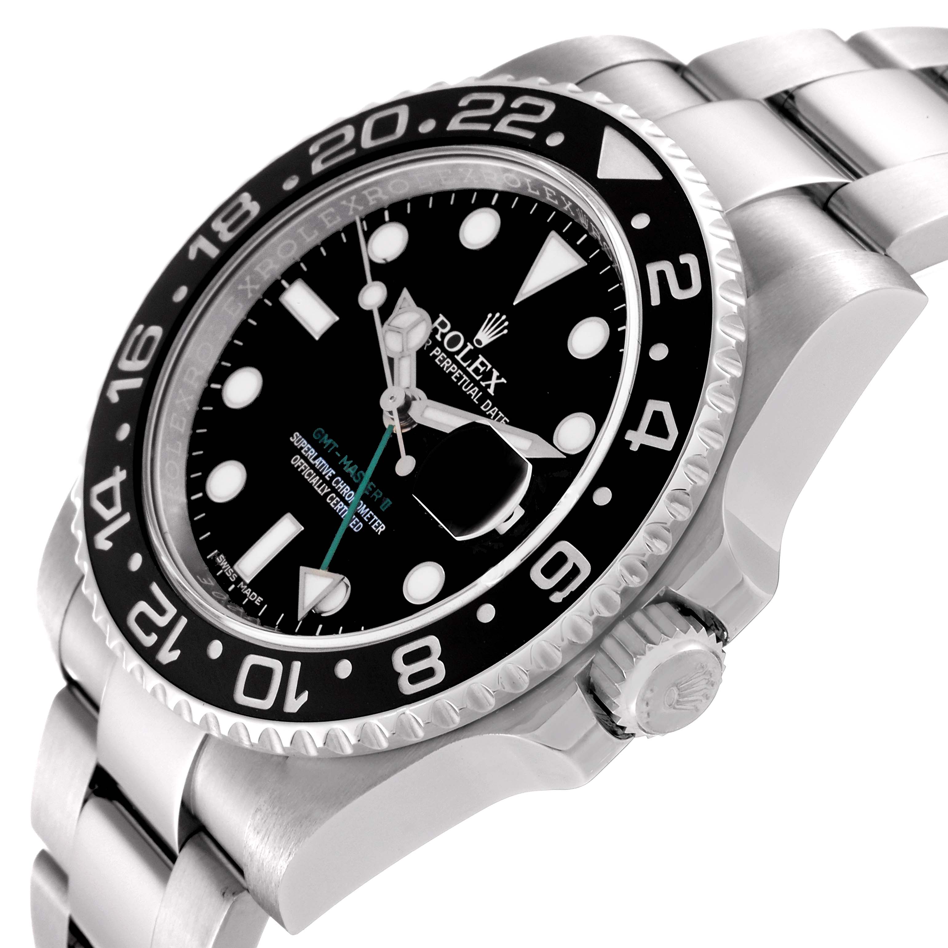 The image shows a close-up angle of a Rolex GMT-Master 116710LN Men
s Stainless Steel Black Dial 116710LN Men
s Stainless Steel Black Dial watch, highlighting its face, bezel, and part of the bracelet.