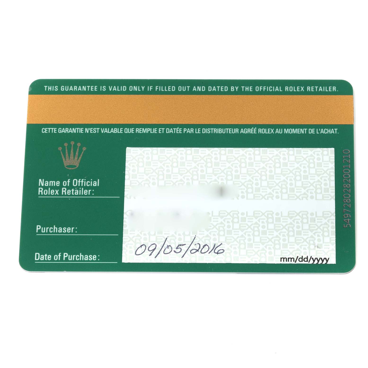 This image shows a guarantee card for the Rolex GMT-Master 116710LN Men
s Stainless Steel Black Dial 116710LN Men
s Stainless Steel Black Dial watch, indicating the authorized retailer and date of purchase.