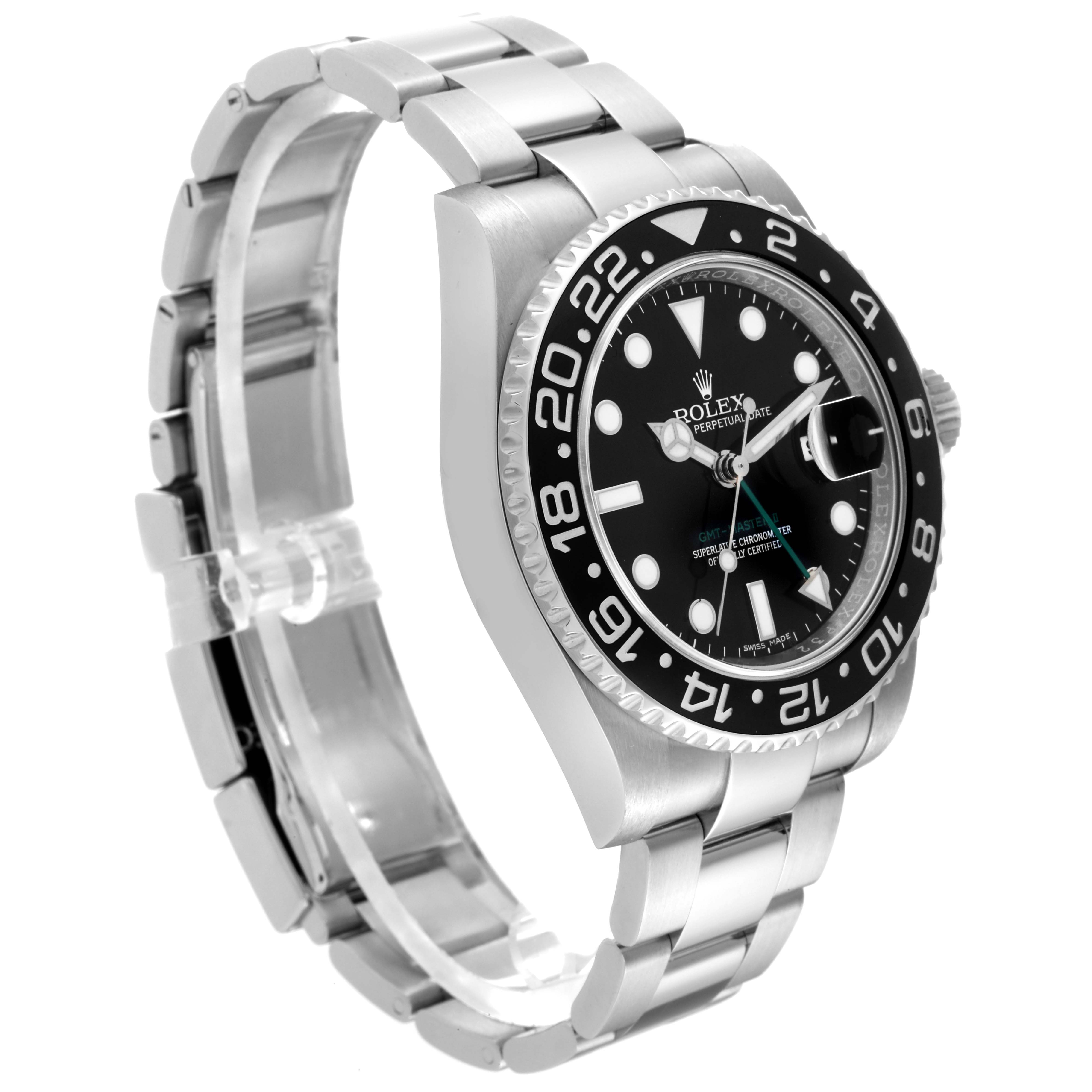 The image shows a side-angle view of a Rolex GMT-Master 116710LN Men
s Stainless Steel Black Dial 116710LN Men
s Stainless Steel Black Dial watch, highlighting the watch face, bezel, and bracelet.