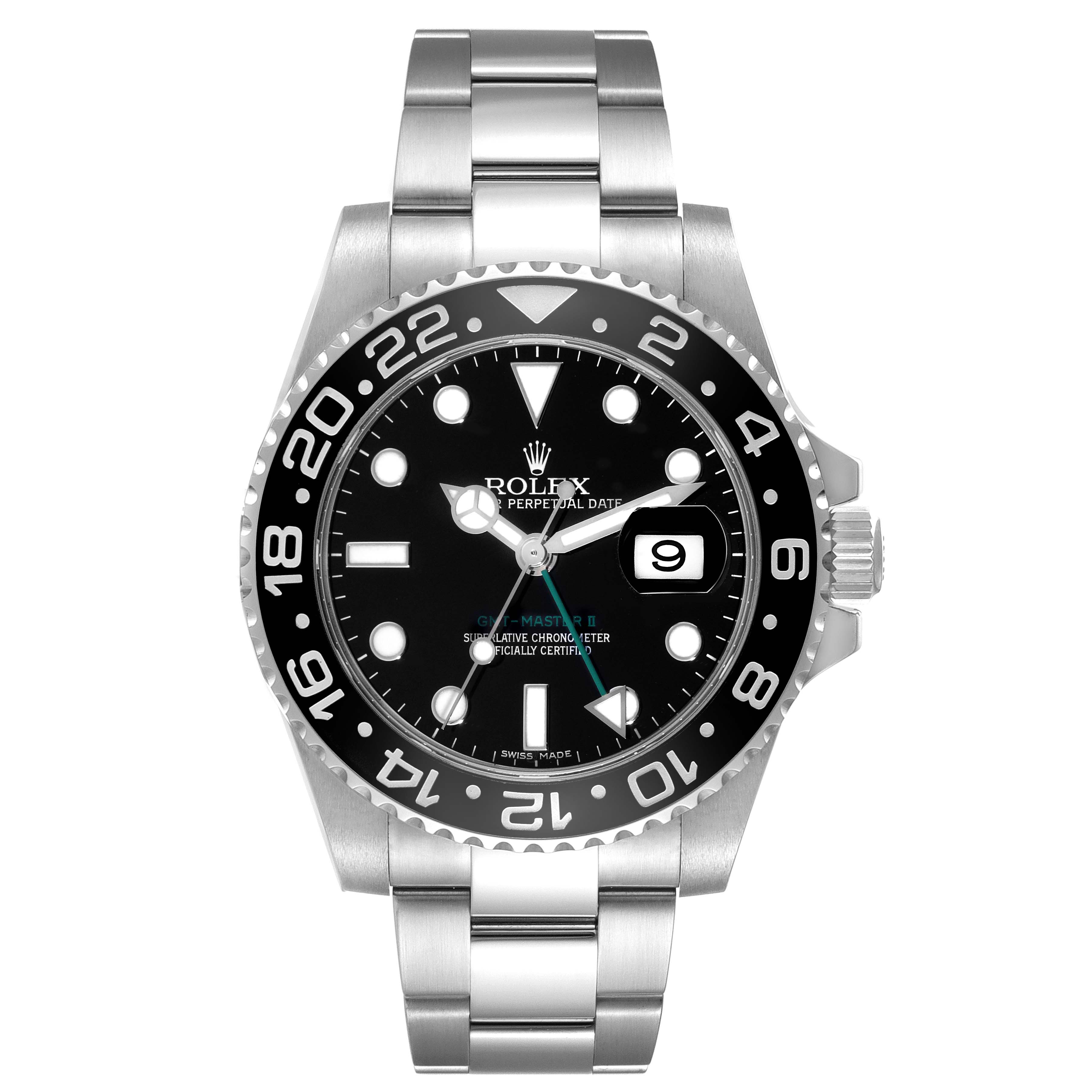This is a front view of the Rolex GMT-Master 116710LN Men
s Stainless Steel Black Dial 116710LN Men
s Stainless Steel Black Dial II watch, displaying its dial, bezel, case, and bracelet.
