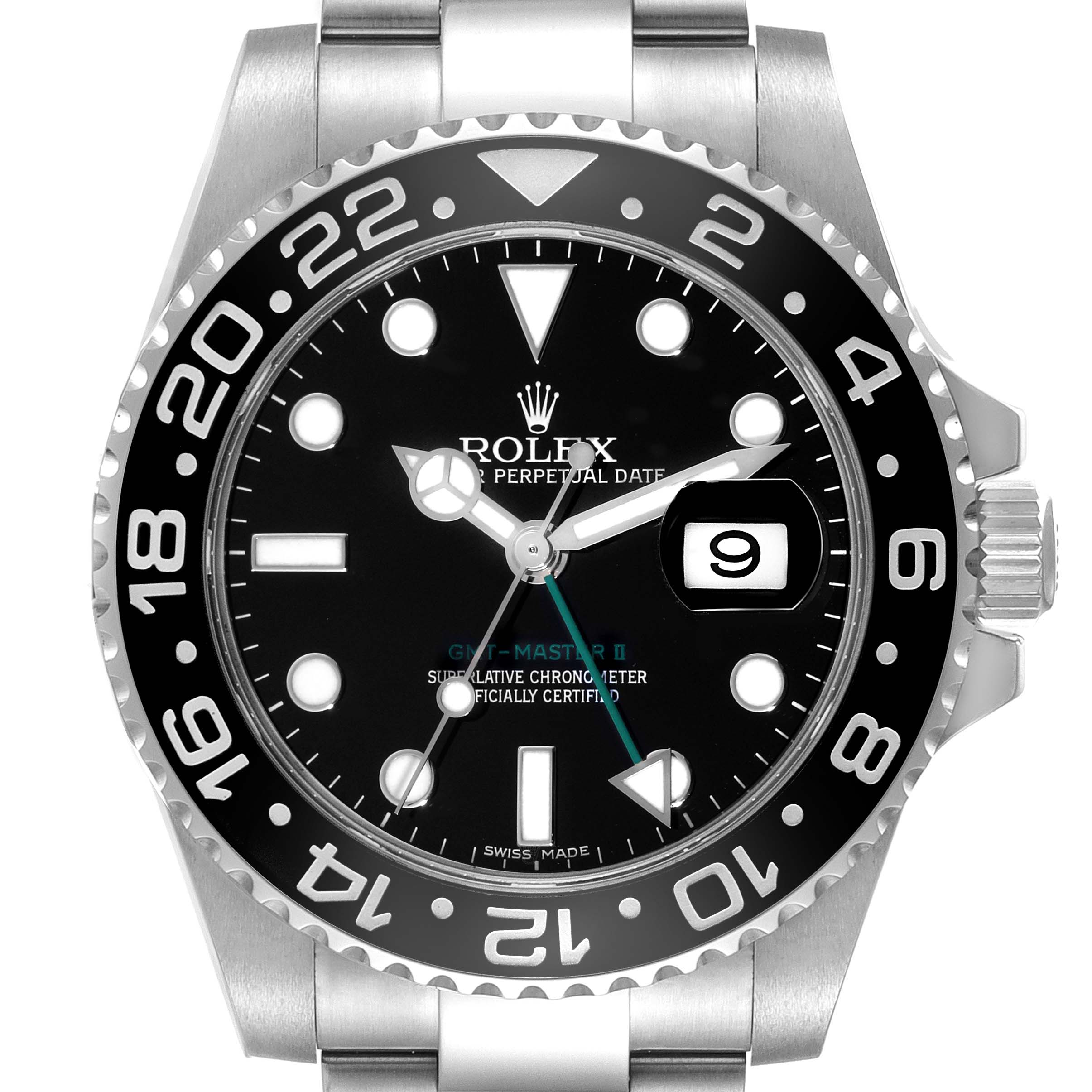 The image shows a front view of a Rolex GMT-Master 116710LN Men
s Stainless Steel Black Dial 116710LN Men
s Stainless Steel Black Dial II watch, highlighting its black dial, bezel, and date window.