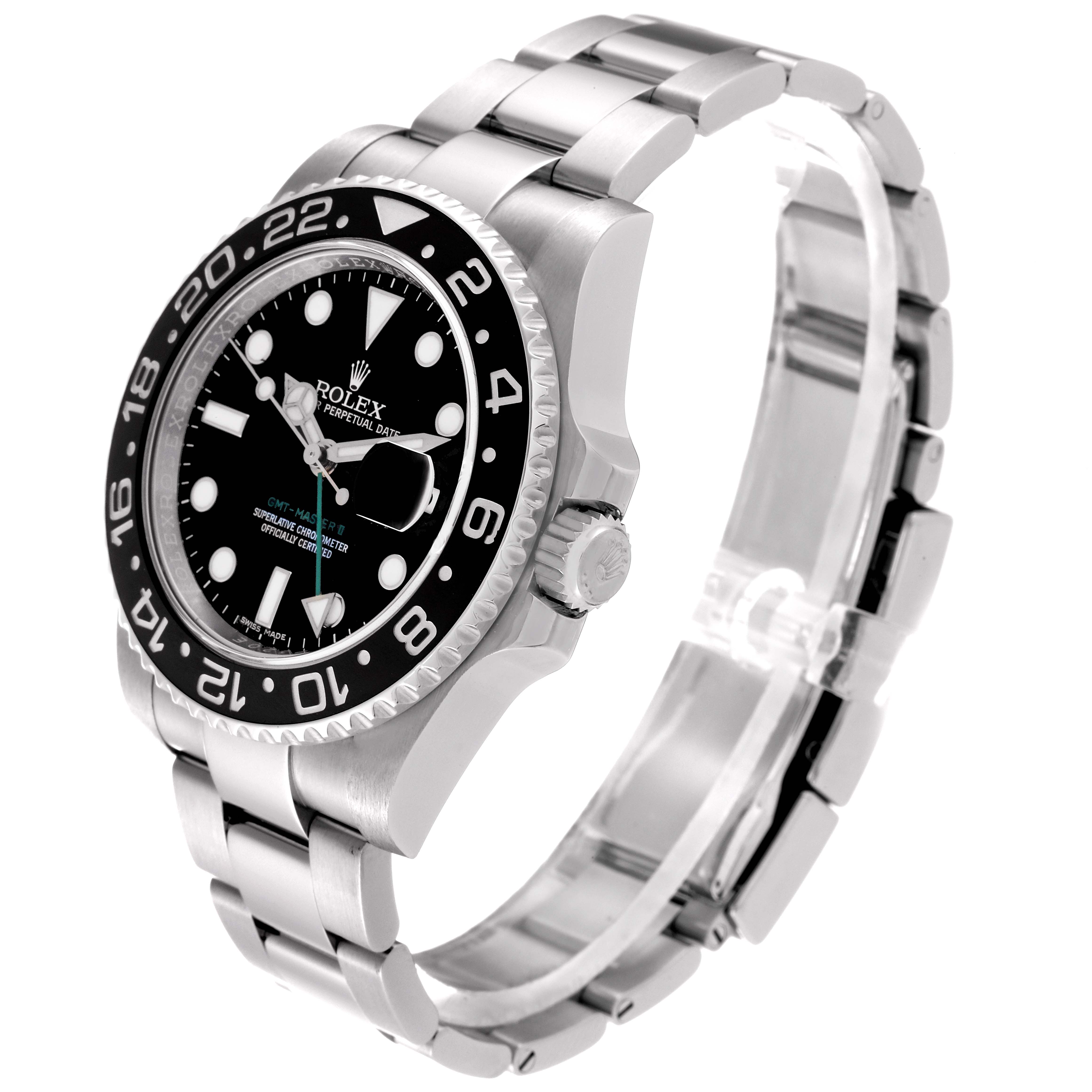 The image shows a side angle view of the Rolex GMT-Master 116710LN Men
s Stainless Steel Black Dial 116710LN Men
s Stainless Steel Black Dial watch, highlighting the dial, bezel, crown, and bracelet.