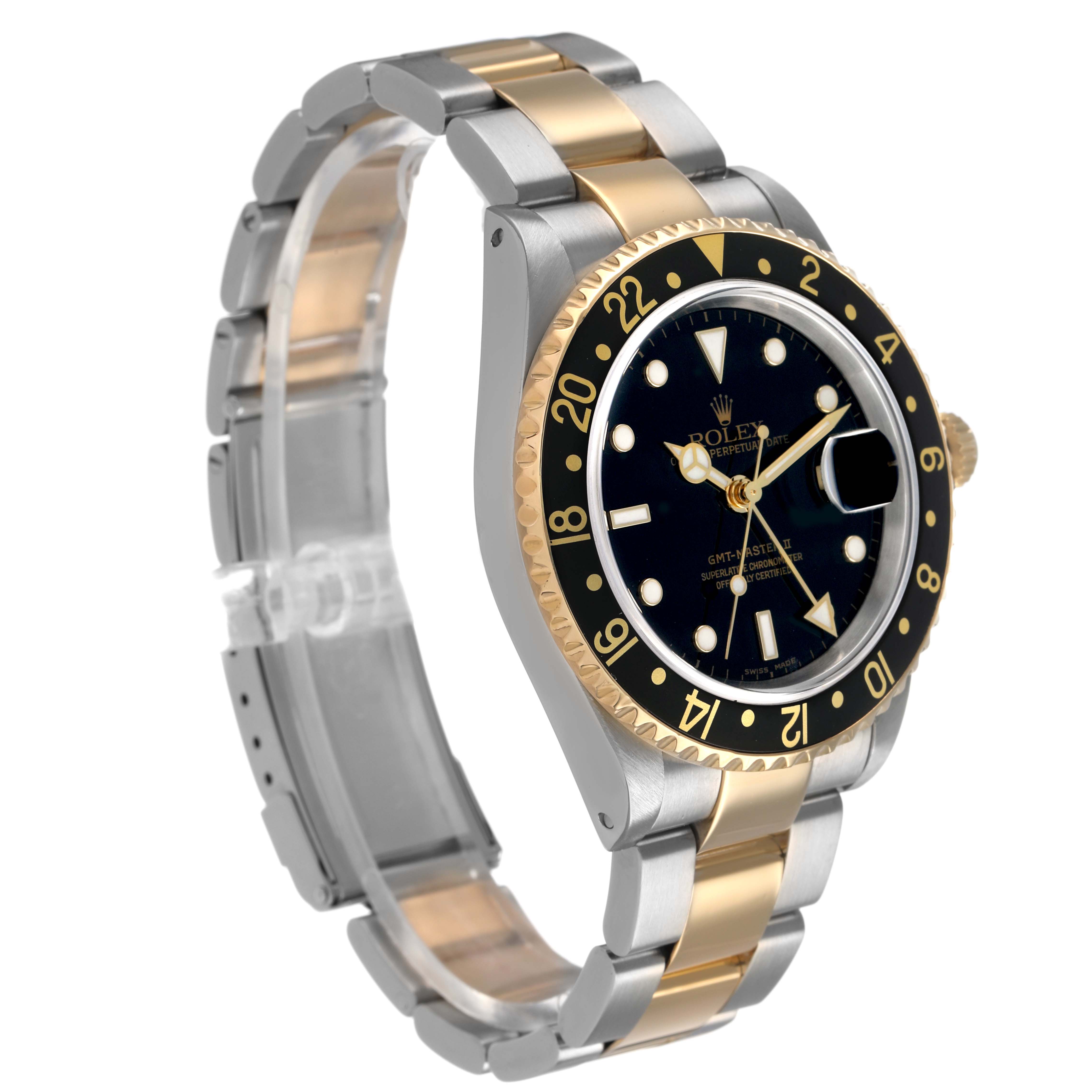 The Rolex GMT-Master 16713 Men's Stainless Steel Black Dial watch is shown at an oblique angle, highlighting the bezel, crown, and two-tone bracelet.