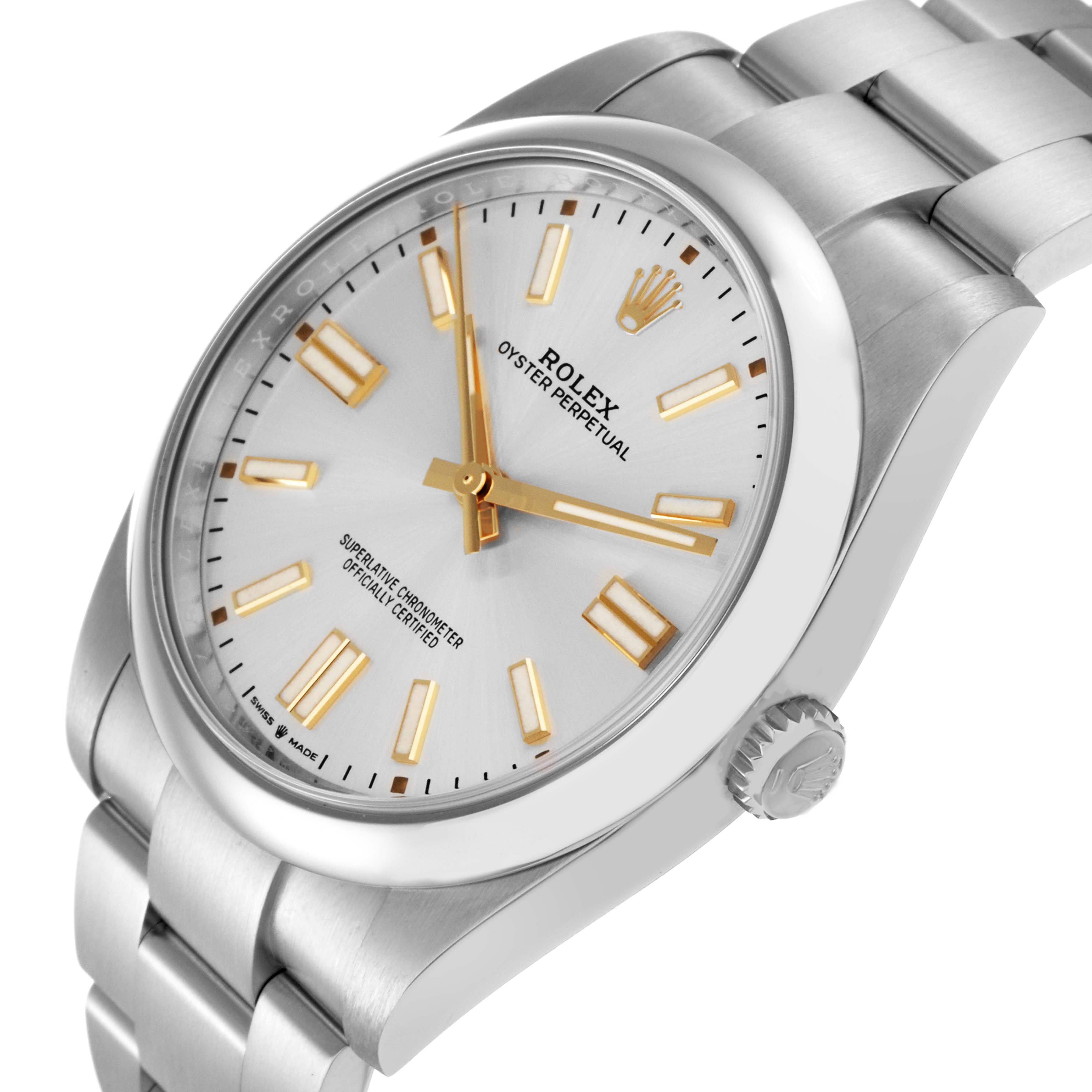 The Rolex Oyster Perpetual 124300 Men
s Stainless Steel Silver Dial 124300 Men
s Stainless Steel Silver Dial watch is shown at a slight angle, highlighting the dial, crown, and bracelet links.