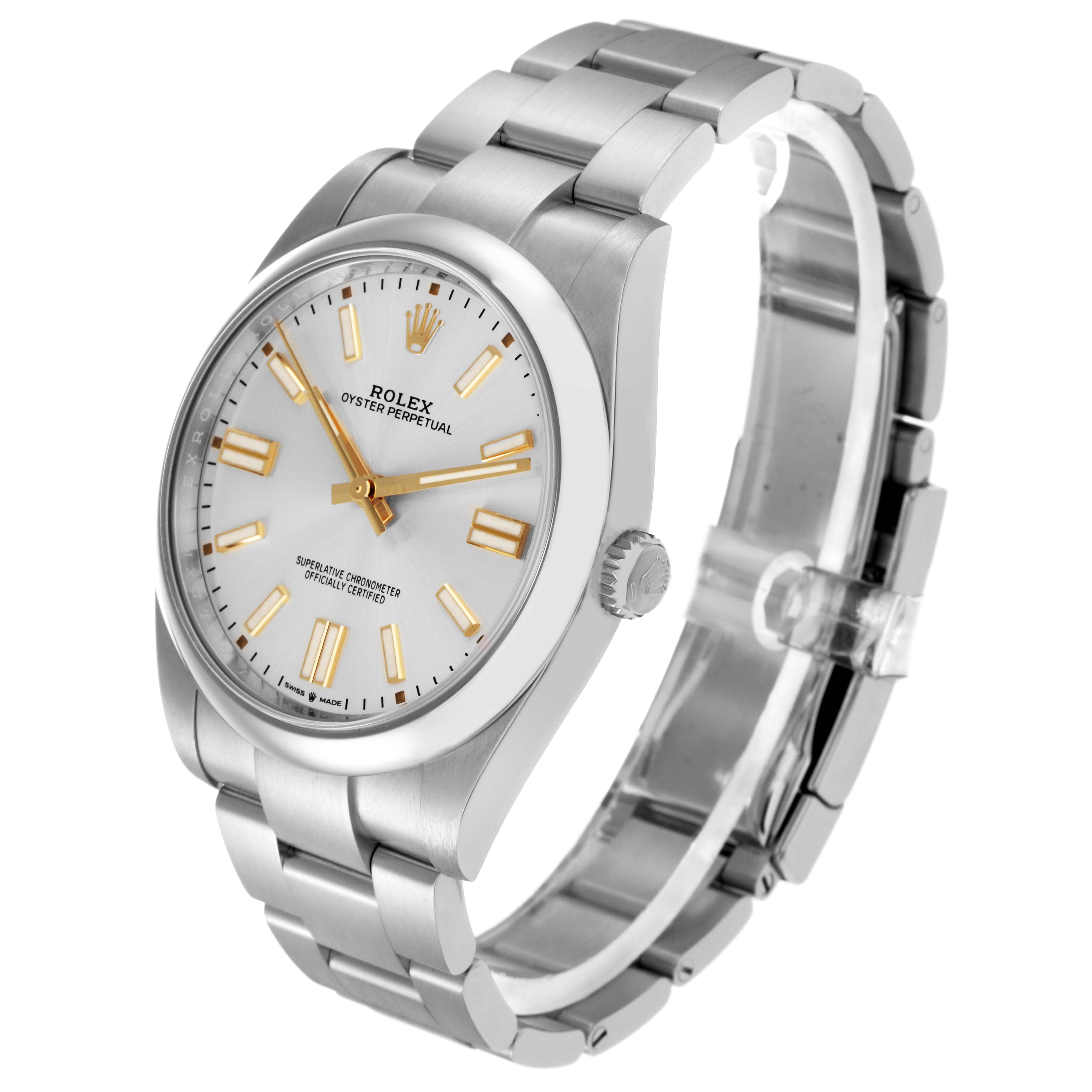 The Rolex Oyster Perpetual 124300 Men
s Stainless Steel Silver Dial 124300 Men
s Stainless Steel Silver Dial watch is shown at a three-quarter angle, displaying the dial, bracelet, and crown.
