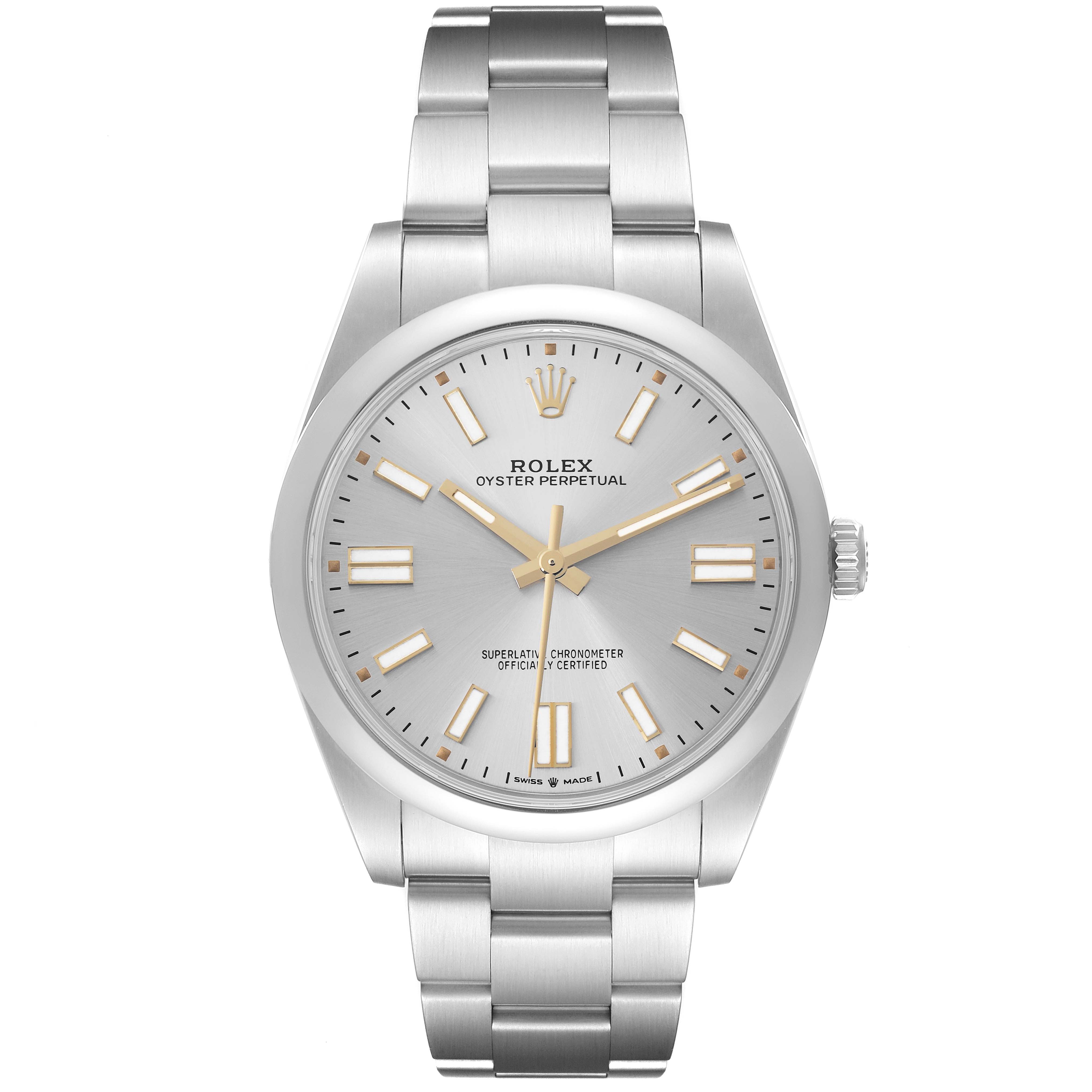 The Rolex Oyster Perpetual 124300 Men
s Stainless Steel Silver Dial 124300 Men
s Stainless Steel Silver Dial watch is shown from a front angle, displaying the dial, hands, markers, and part of the bracelet.