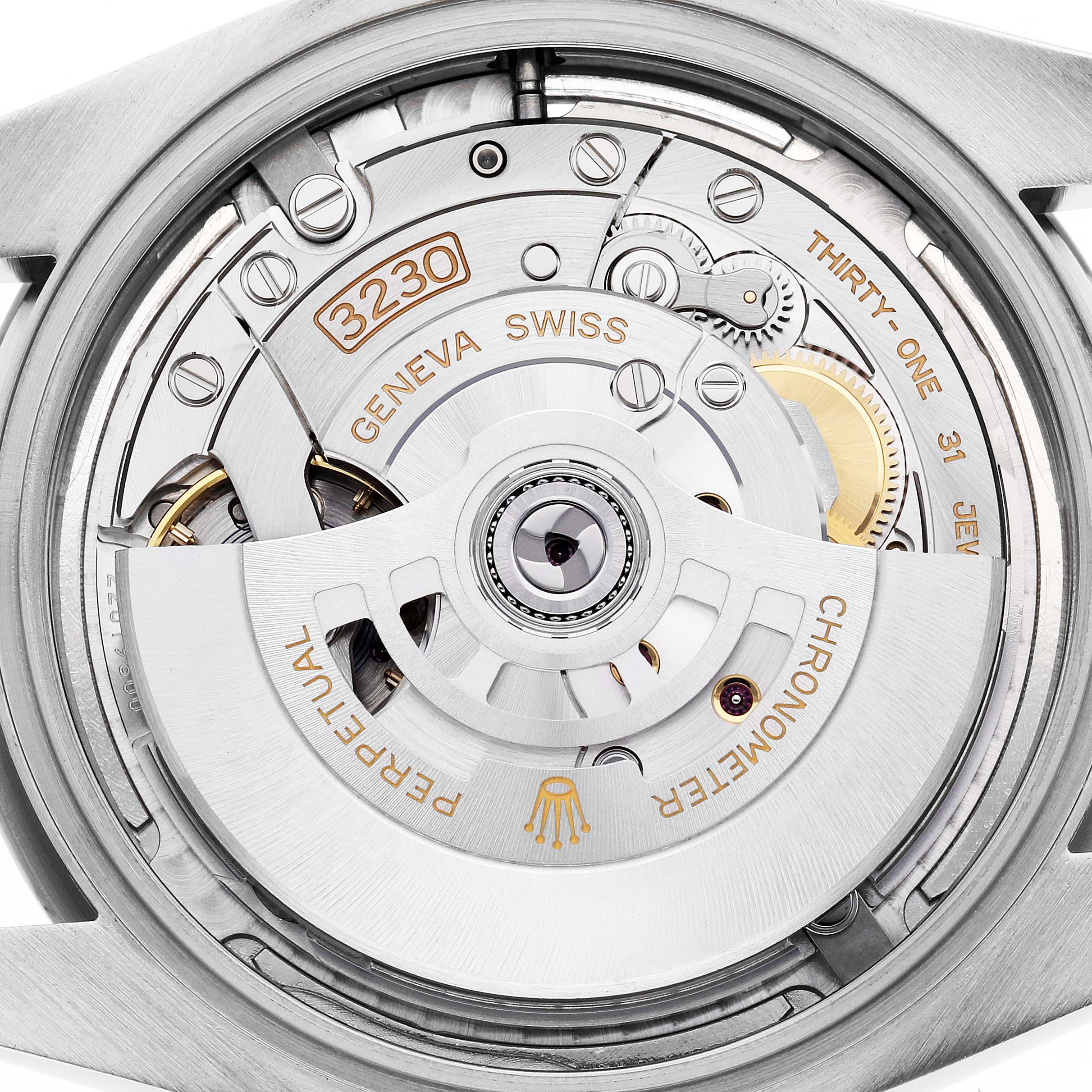 The image shows the back view of a Rolex Oyster Perpetual 124300 Men
s Stainless Steel Silver Dial 124300 Men
s Stainless Steel Silver Dial watch, revealing its movement and internal components.