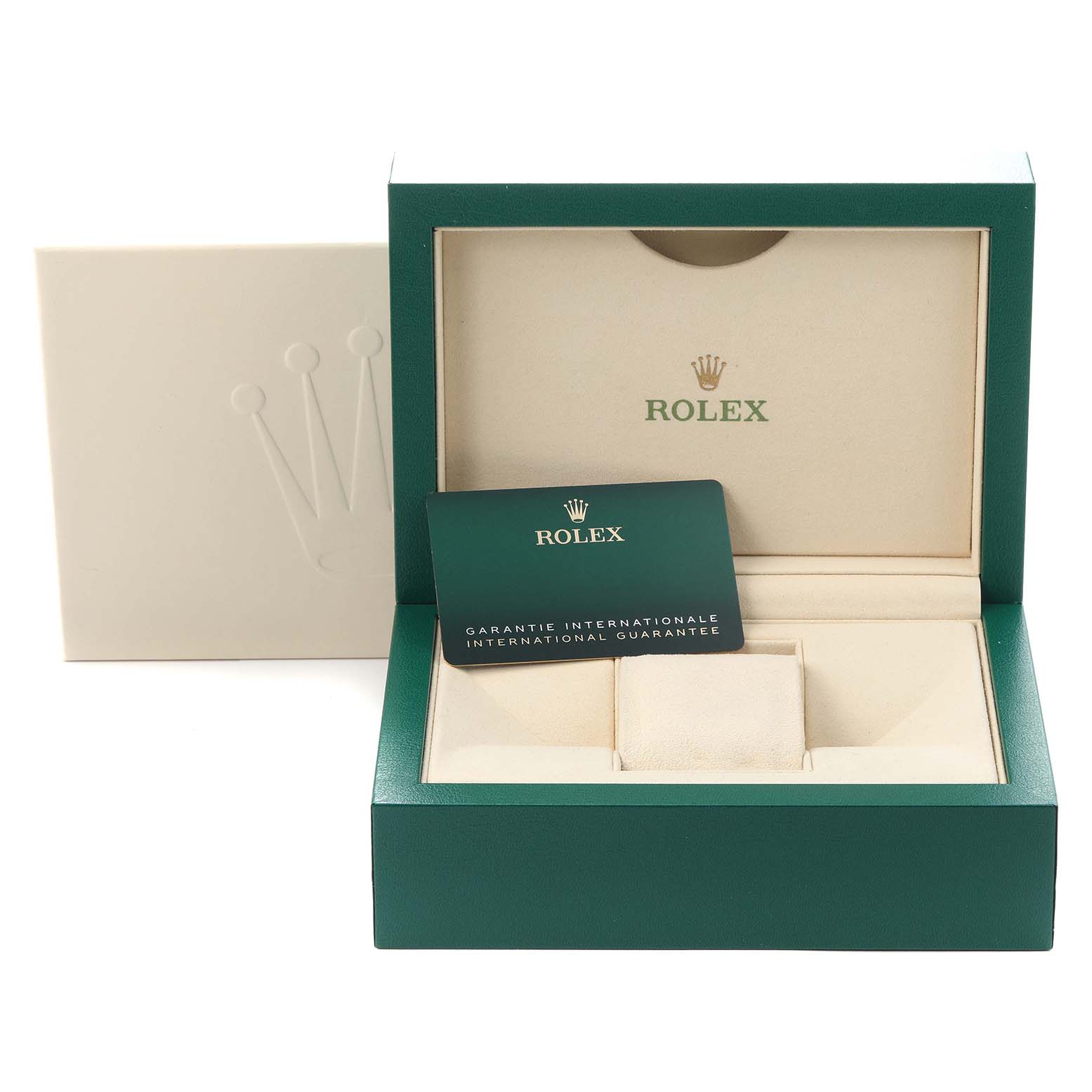 The image shows a Rolex Oyster Perpetual 124300 Men
s Stainless Steel Silver Dial 124300 Men
s Stainless Steel Silver Dial watch box, including the inner cushion and an international guarantee card.