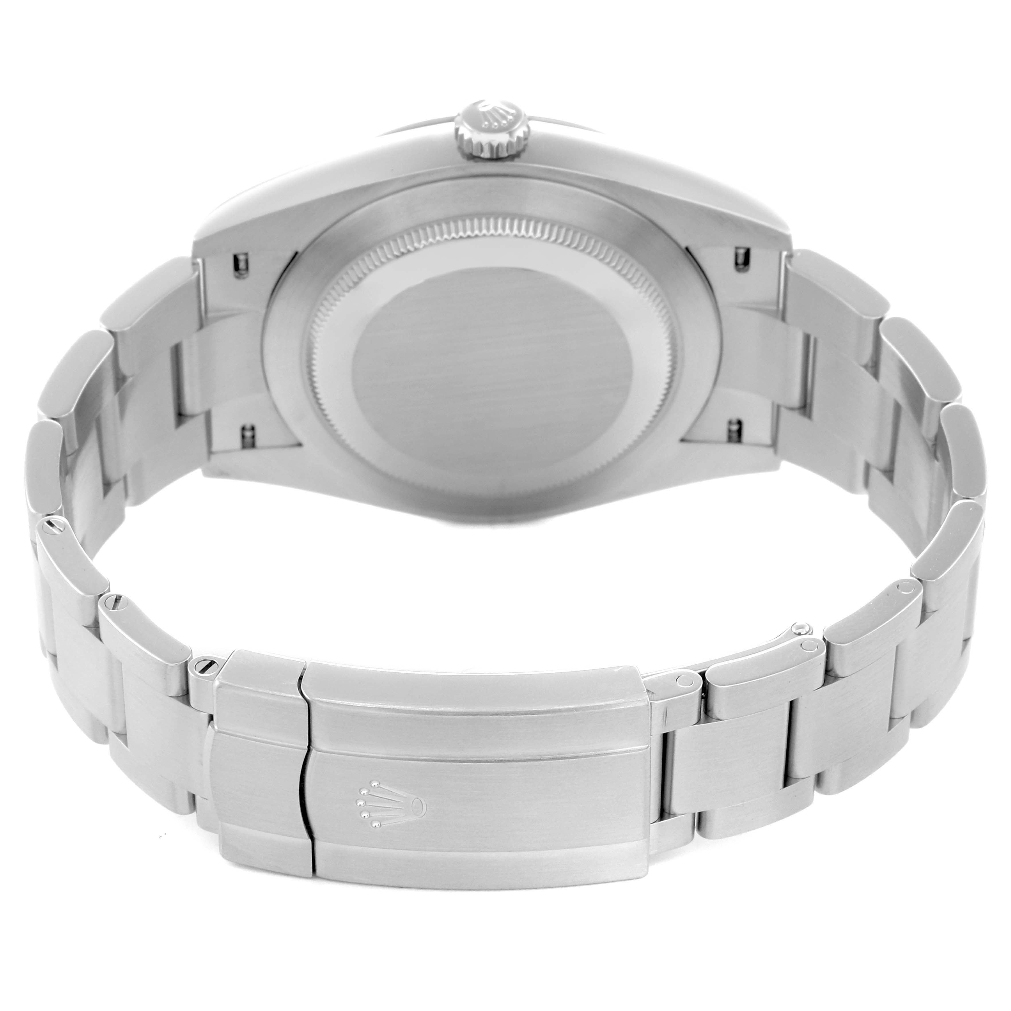 The image shows the back view of a Rolex Oyster Perpetual 124300 Men
s Stainless Steel Silver Dial 124300 Men
s Stainless Steel Silver Dial watch, highlighting the clasp and bracelet.