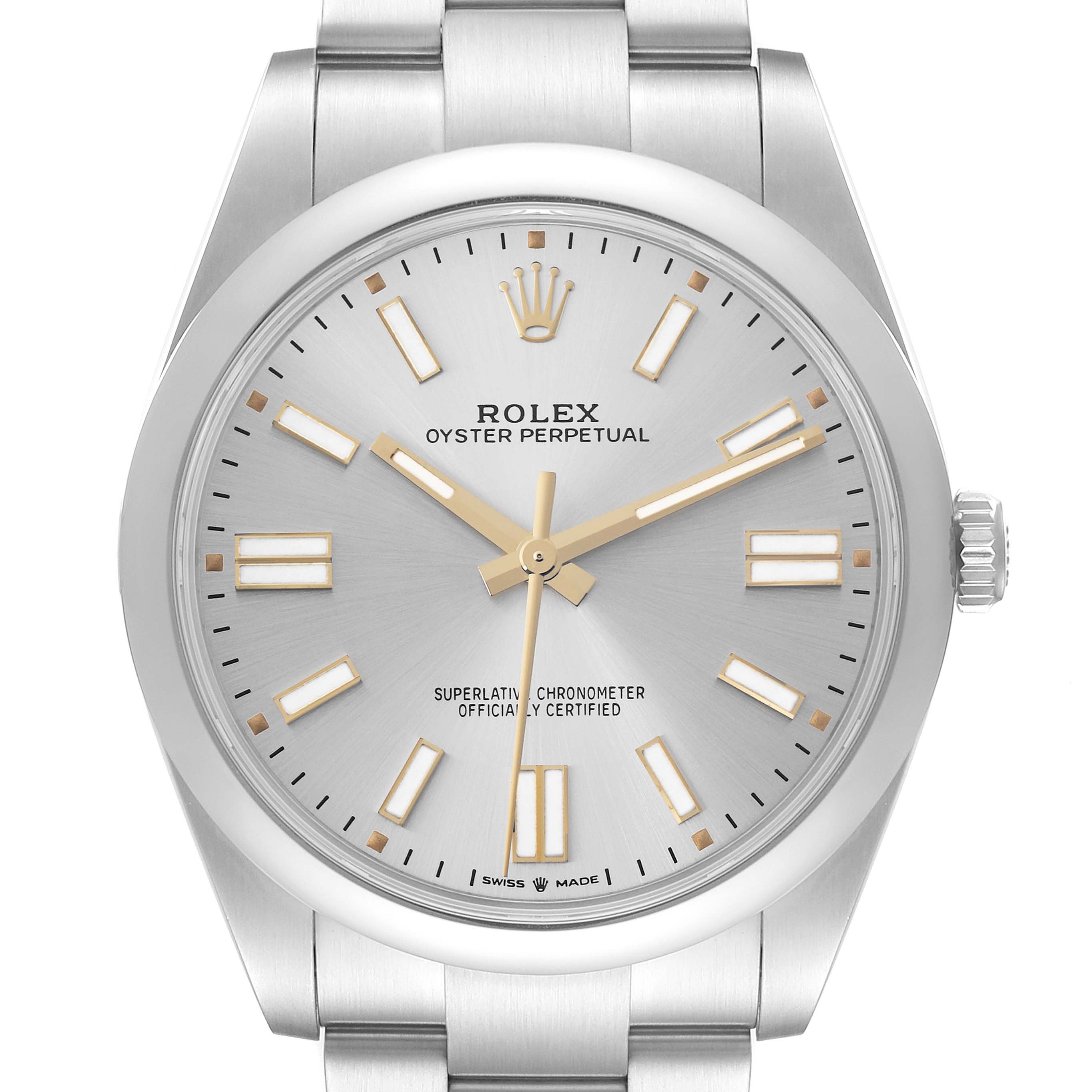 The image shows a front view of the Rolex Oyster Perpetual 124300 Men
s Stainless Steel Silver Dial 124300 Men
s Stainless Steel Silver Dial watch, highlighting the dial, hour markers, hands, crown, and part of the bracelet.