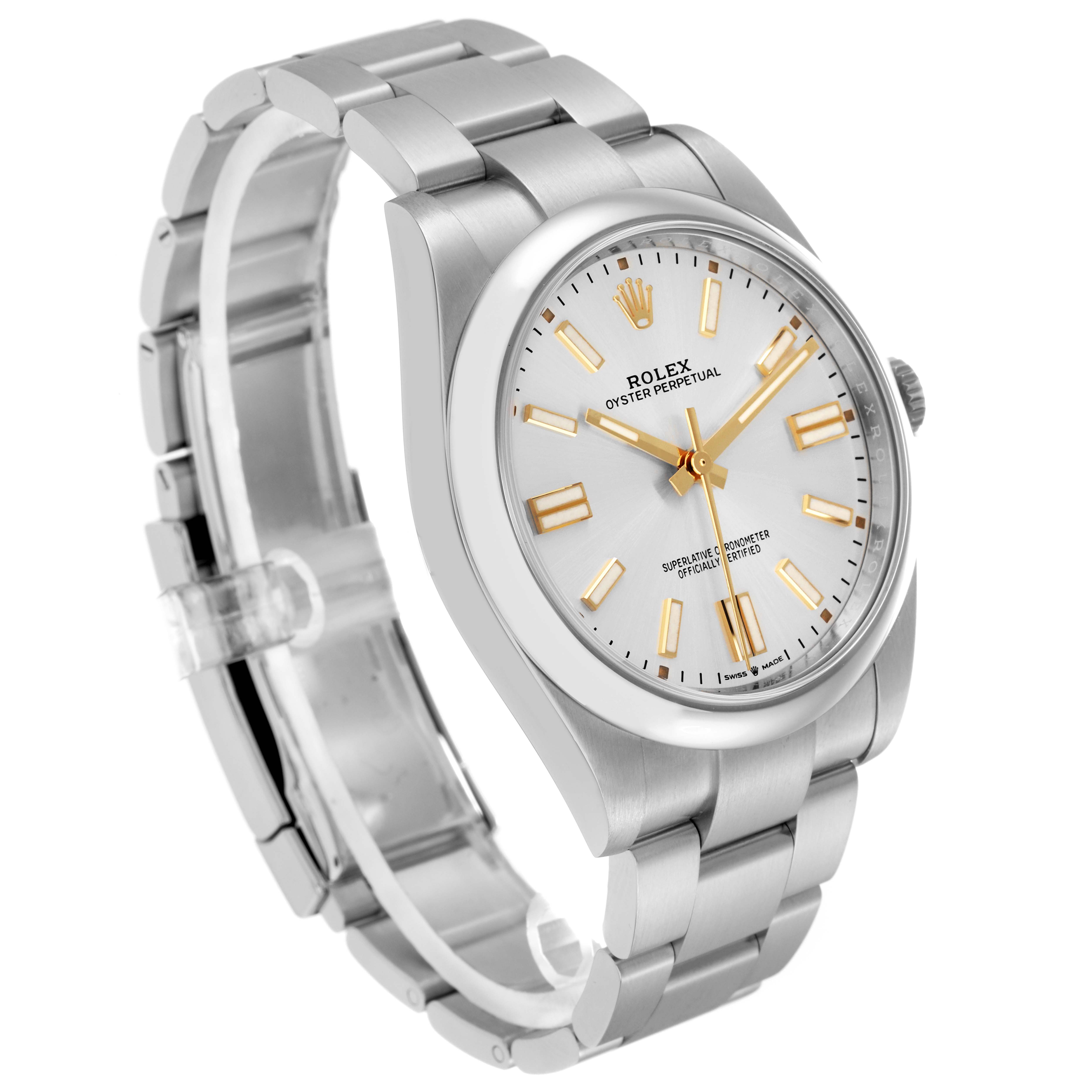 The Rolex Oyster Perpetual 124300 Men
s Stainless Steel Silver Dial 124300 Men
s Stainless Steel Silver Dial watch is shown at a three-quarter angle, displaying the face, bracelet, and case.
