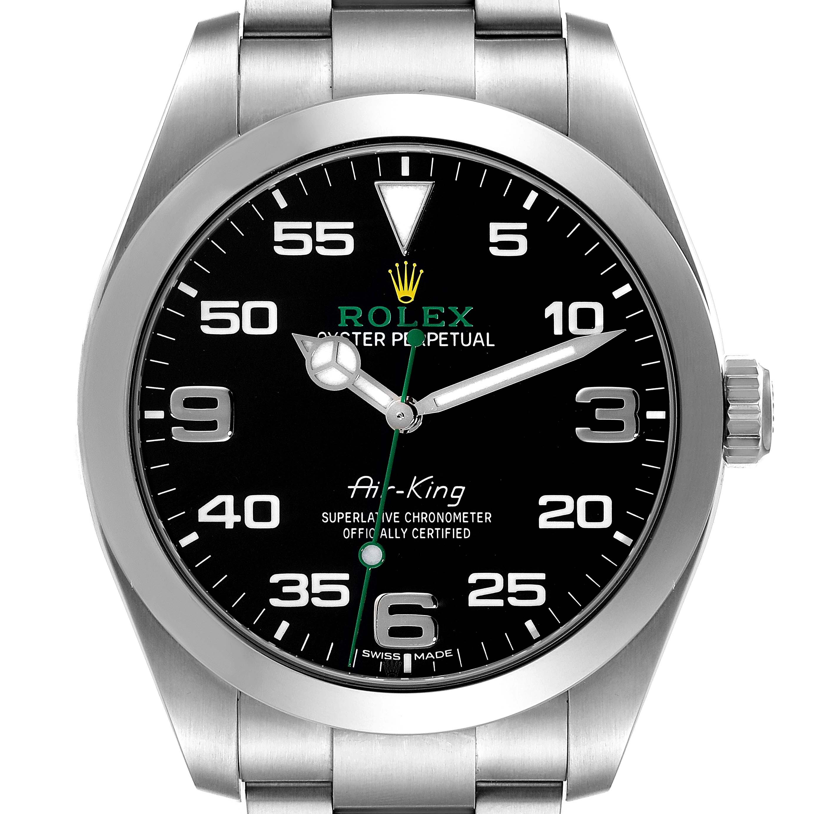 The image shows a front view of the Rolex Air-King 116900 Men's Stainless Steel Black Dial 116900 Men's Stainless Steel Black Dial watch displaying its face, crown, and bracelet.