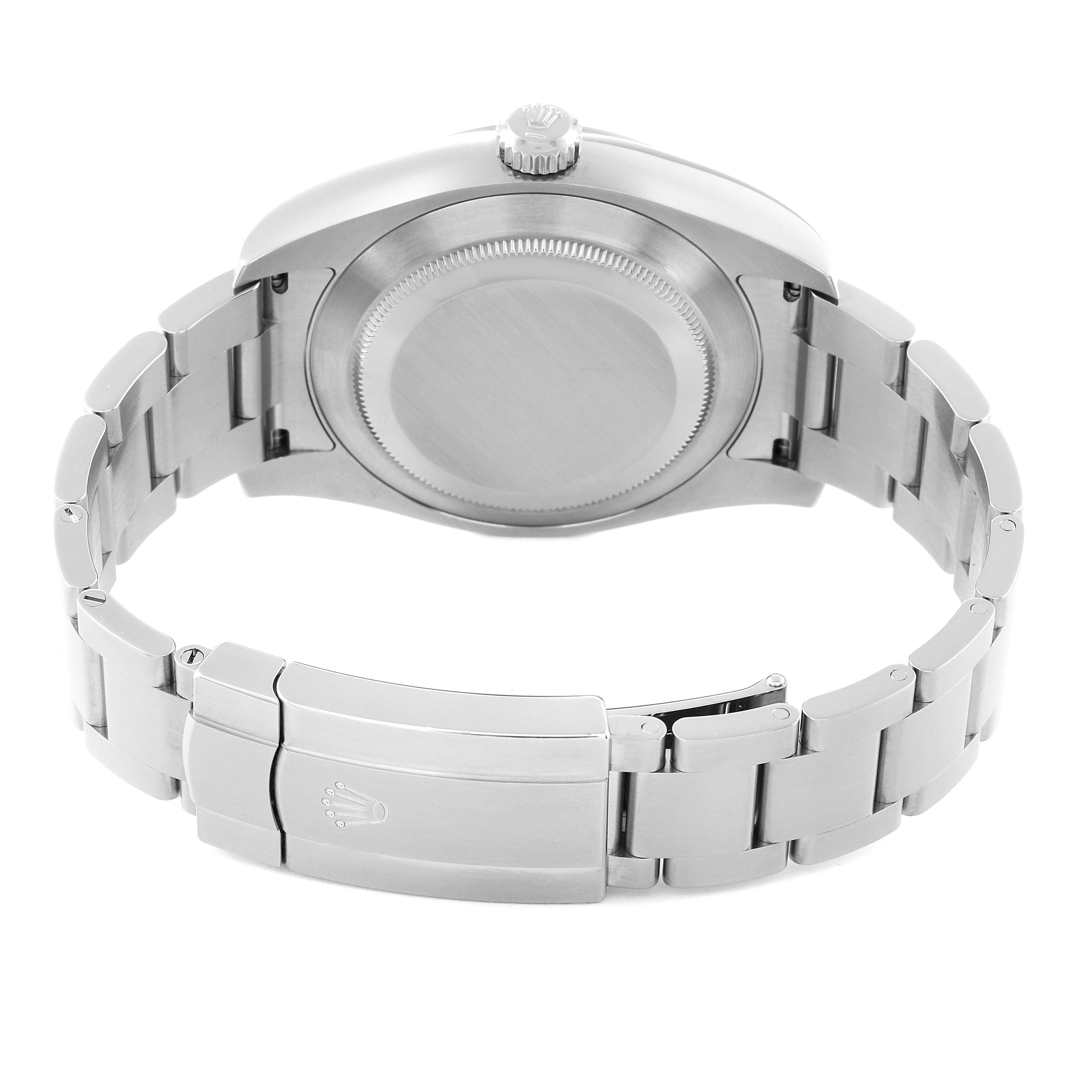 The image shows the back view of a Rolex Air-King 116900 Men's Stainless Steel Black Dial 116900 Men's Stainless Steel Black Dial watch, focusing on the case back, crown, and metal bracelet with a clasp.