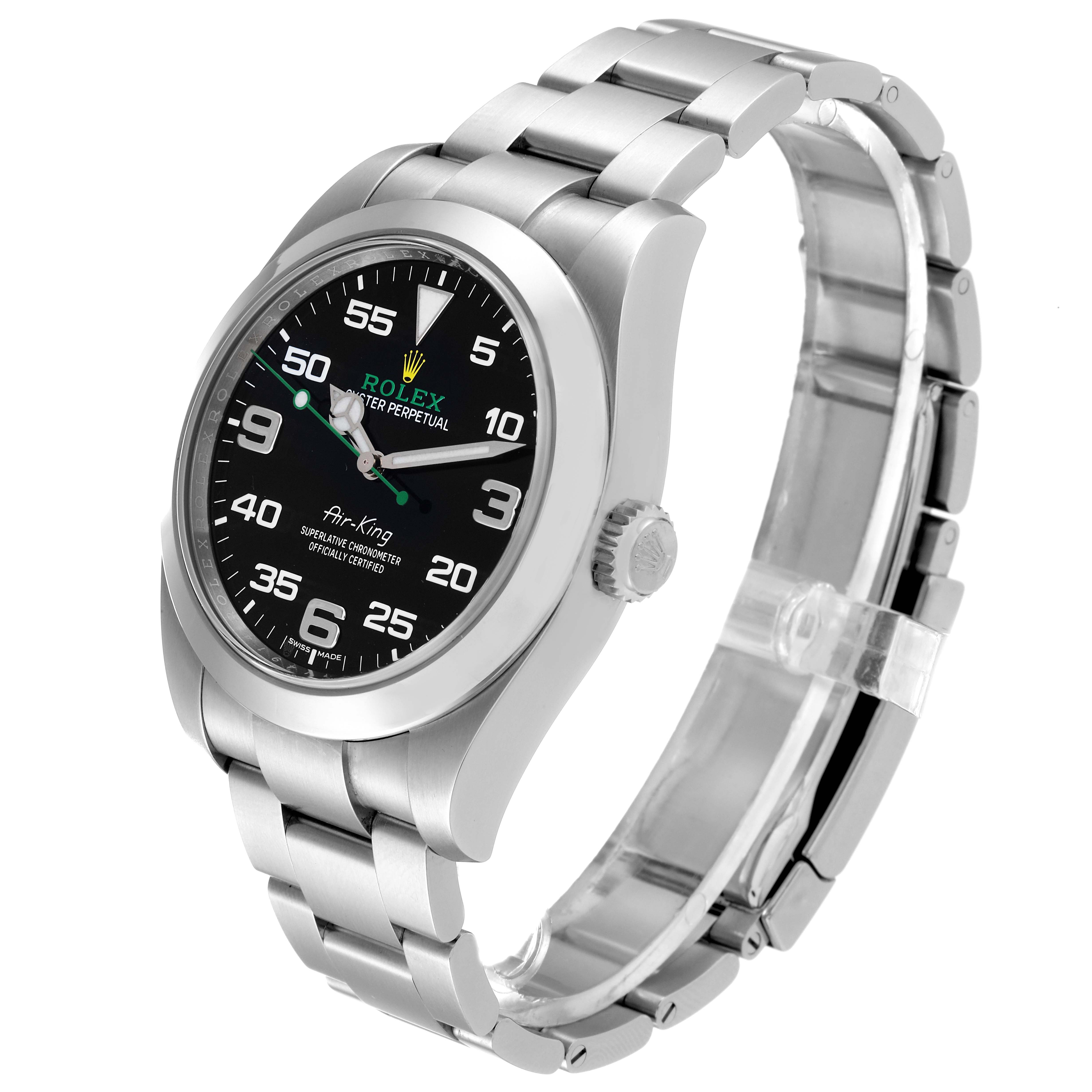 The image shows a side angle view of the Rolex Air-King 116900 Men's Stainless Steel Black Dial 116900 Men's Stainless Steel Black Dial watch, highlighting its face, bezel, crown, and bracelet.