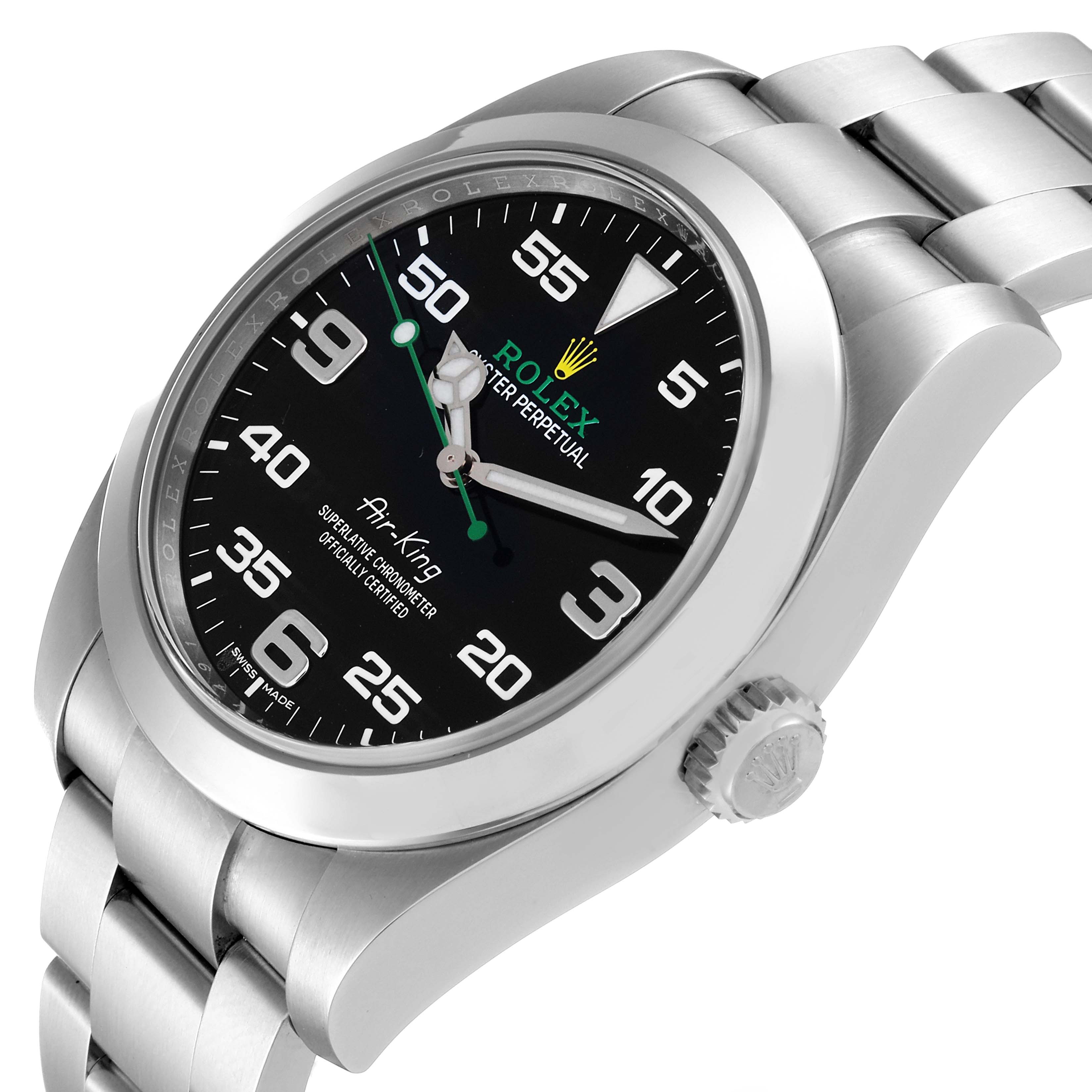 The image shows a side angle of a Rolex Air-King 116900 Men's Stainless Steel Black Dial 116900 Men's Stainless Steel Black Dial watch highlighting the face, bezel, crown, and part of the bracelet.