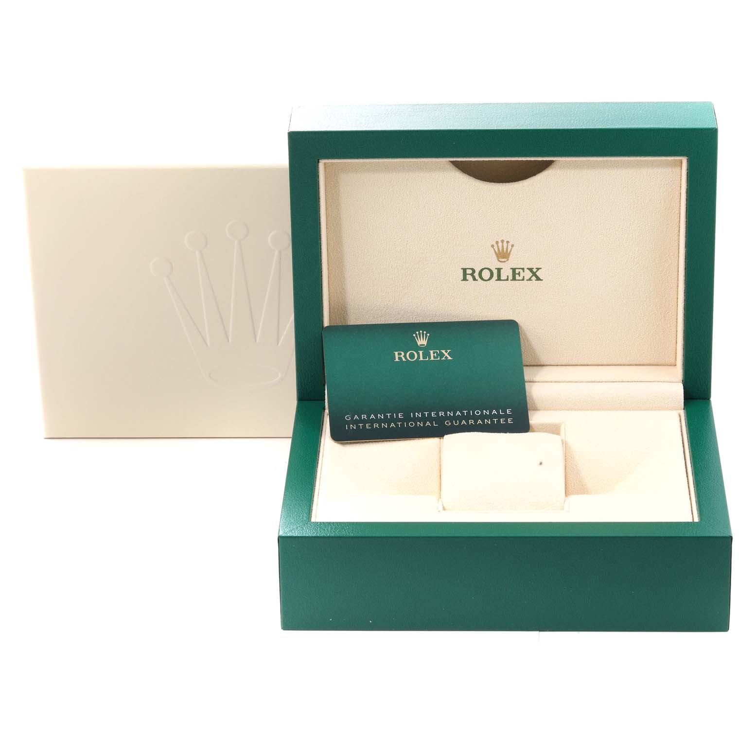 The image shows an open Rolex Air-King 116900 Men's Stainless Steel Black Dial 116900 Men's Stainless Steel Black Dial watch box with an international guarantee card inside, viewed from the front.