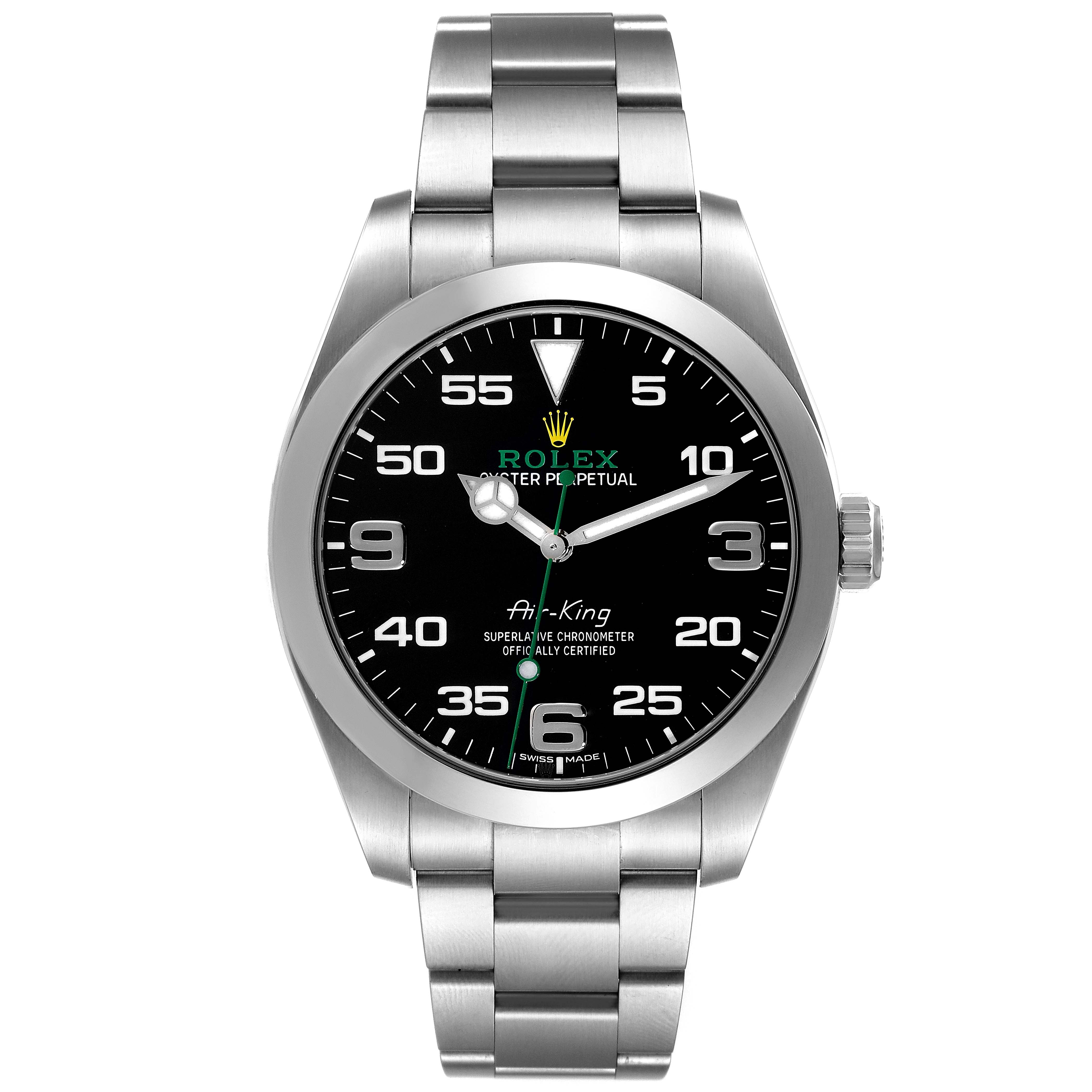 The image shows a front view of the Rolex Air-King 116900 Men's Stainless Steel Black Dial 116900 Men's Stainless Steel Black Dial watch with its black dial and metal bracelet.