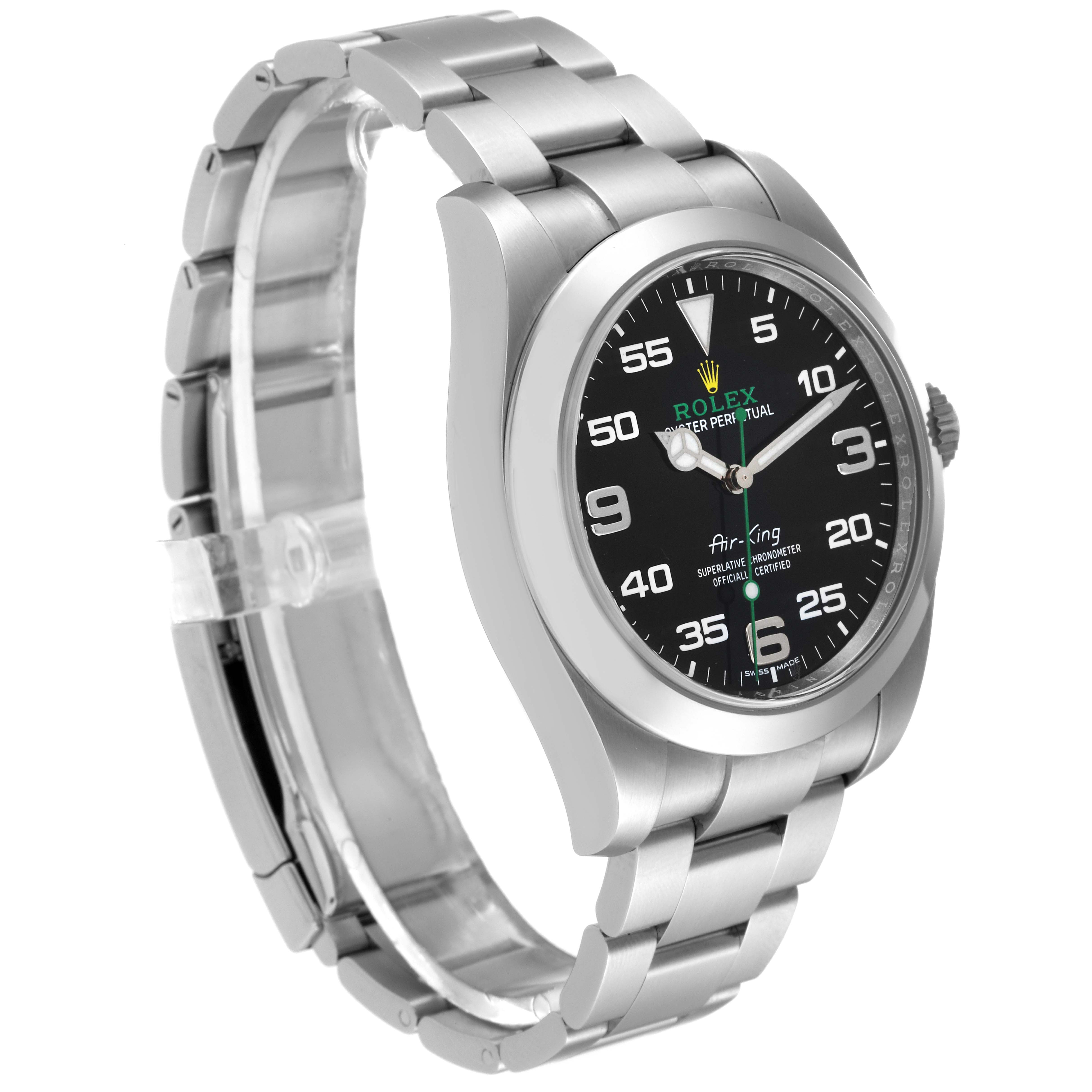 The image shows a side and partial front view of a Rolex Air-King 116900 Men's Stainless Steel Black Dial 116900 Men's Stainless Steel Black Dial watch, highlighting the case, dial, and bracelet.