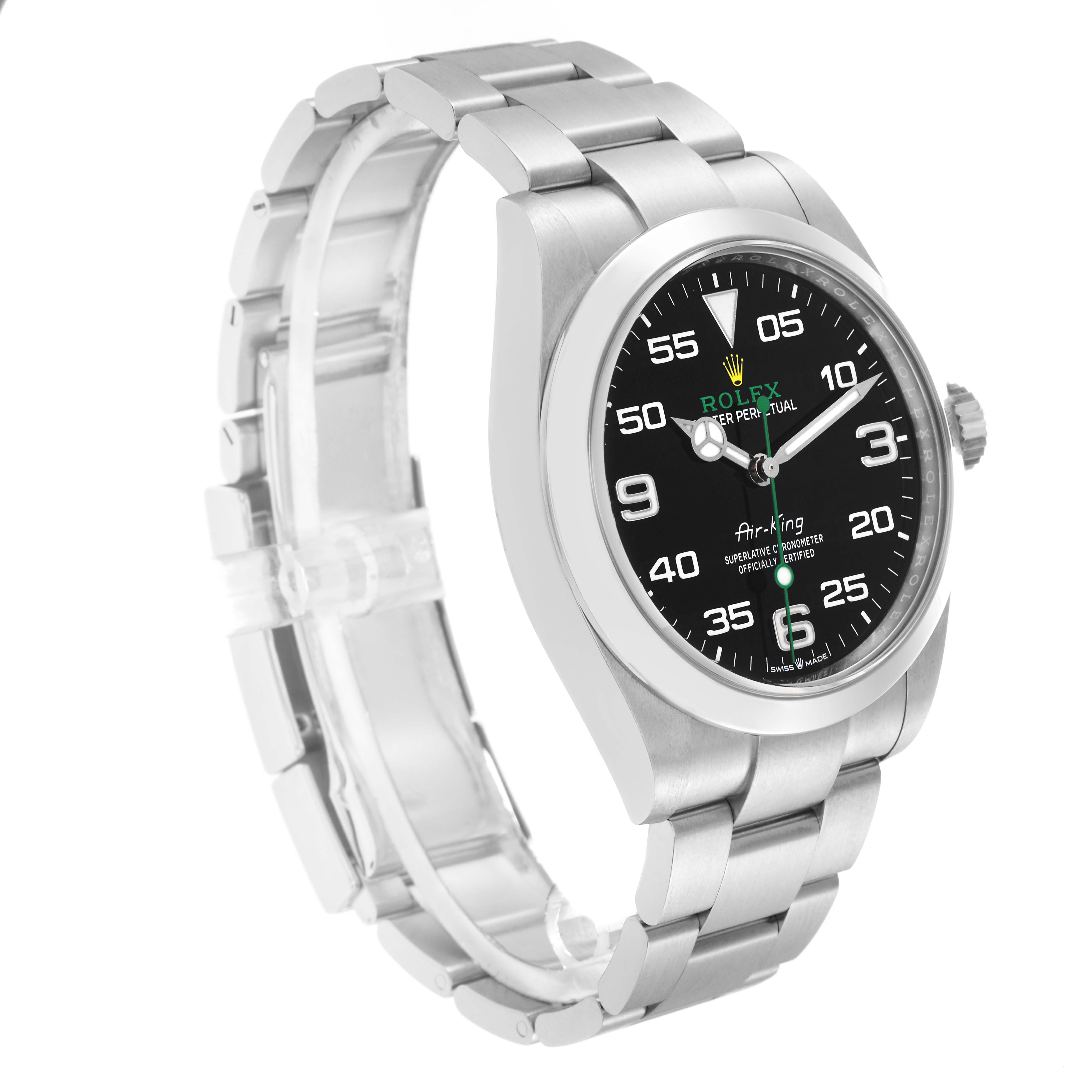 The Rolex Air-King 126900 Men's Stainless Steel Black Dial 126900 Men's Stainless Steel Black Dial watch is shown at a three-quarter angle, displaying its face, bezel, and bracelet.