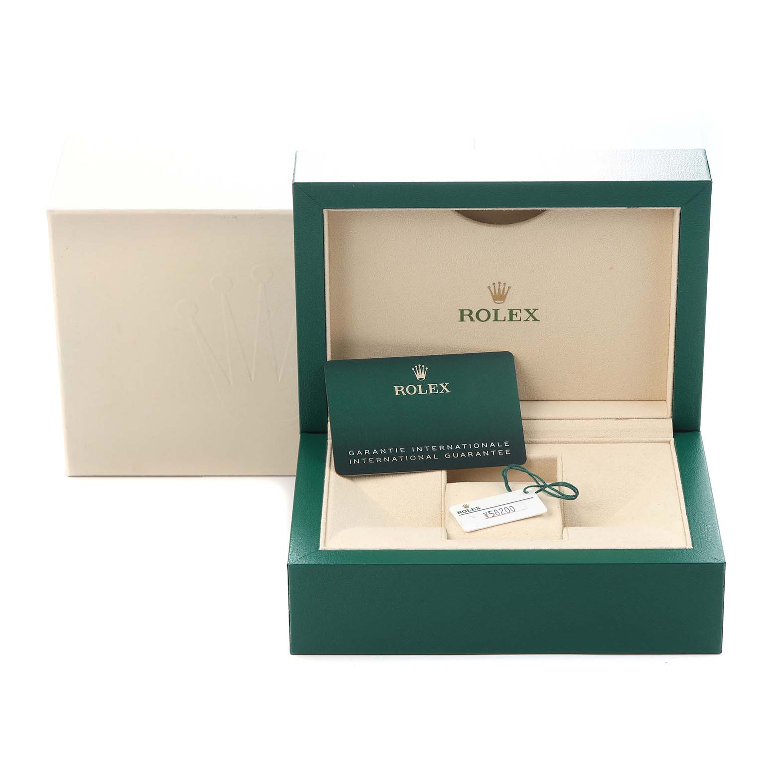 The image shows the open box for a Rolex Air-King 126900 Men's Stainless Steel Black Dial 126900 Men's Stainless Steel Black Dial, displaying warranty cards and a tag.