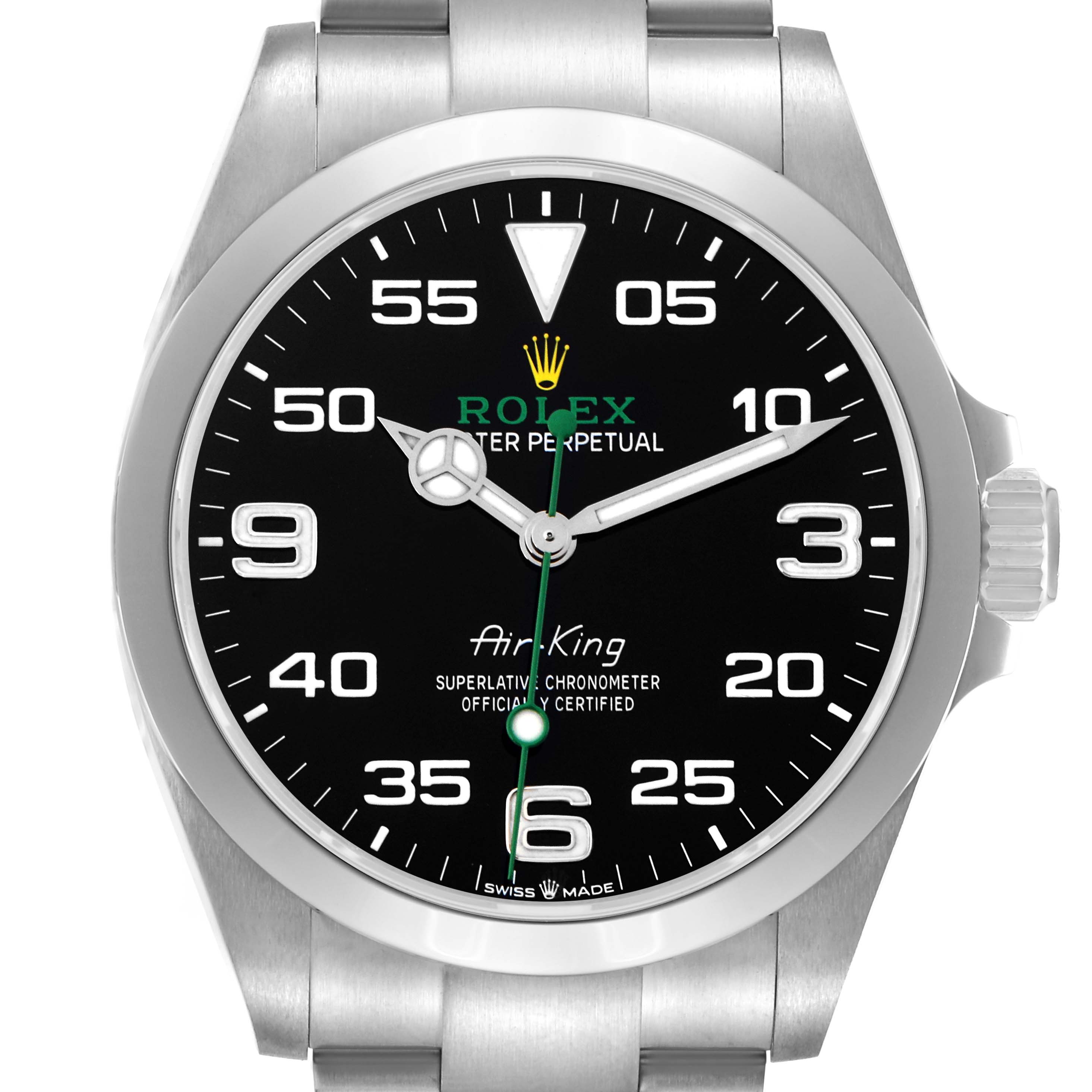 The Rolex Air-King 126900 Men's Stainless Steel Black Dial 126900 Men's Stainless Steel Black Dial watch is shown from a front angle, highlighting the dial, hands, crown, and part of the bracelet.