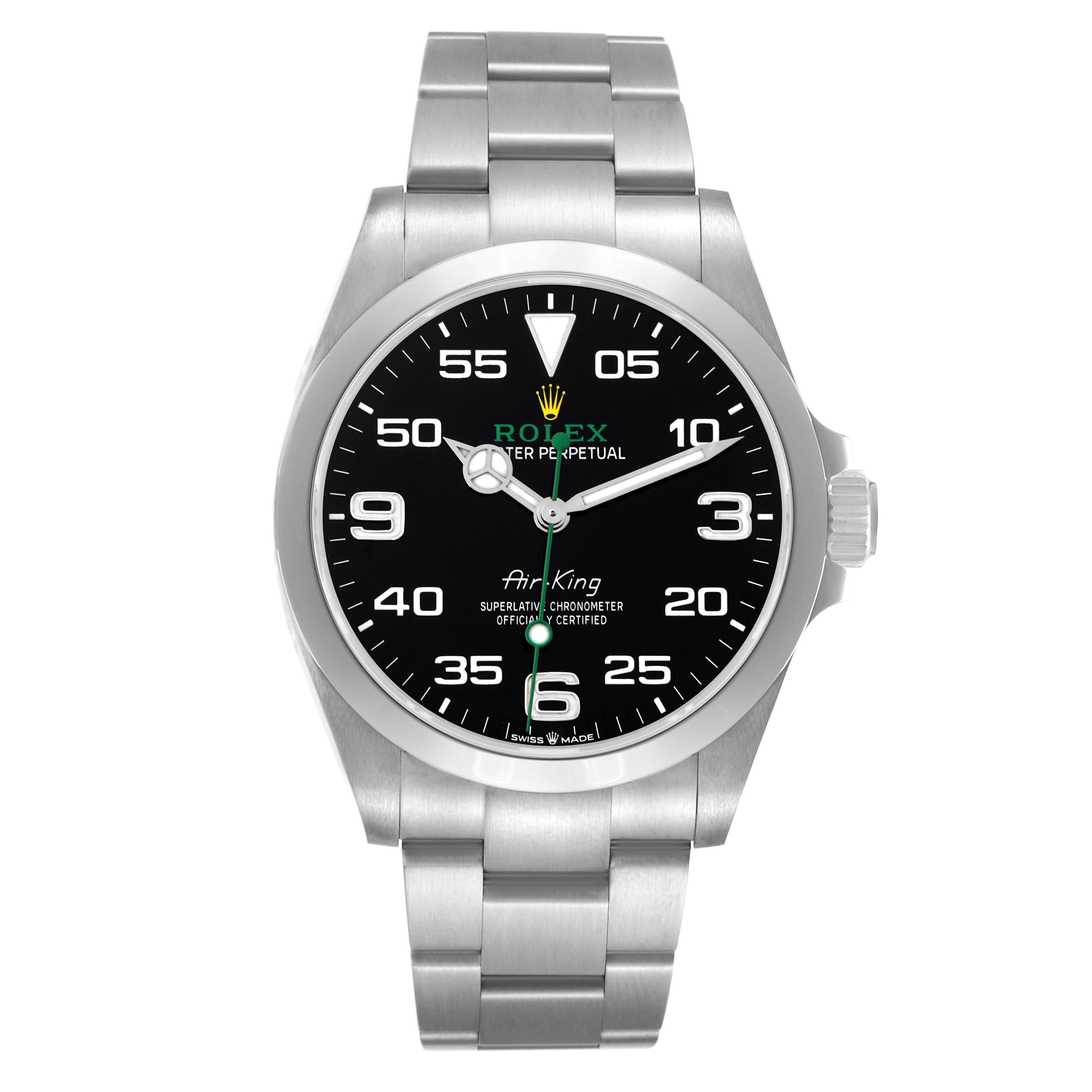 The Rolex Air-King 126900 Men's Stainless Steel Black Dial 126900 Men's Stainless Steel Black Dial watch is shown from the front, displaying the dial, case, and bracelet.