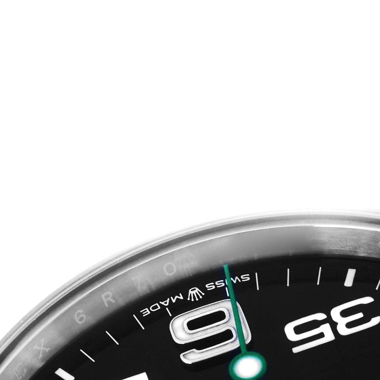 The image shows a close-up of the dial on a Rolex Air-King 126900 Men's Stainless Steel Black Dial 126900 Men's Stainless Steel Black Dial, focusing on the "9" and "3" numerals, and the seconds hand.