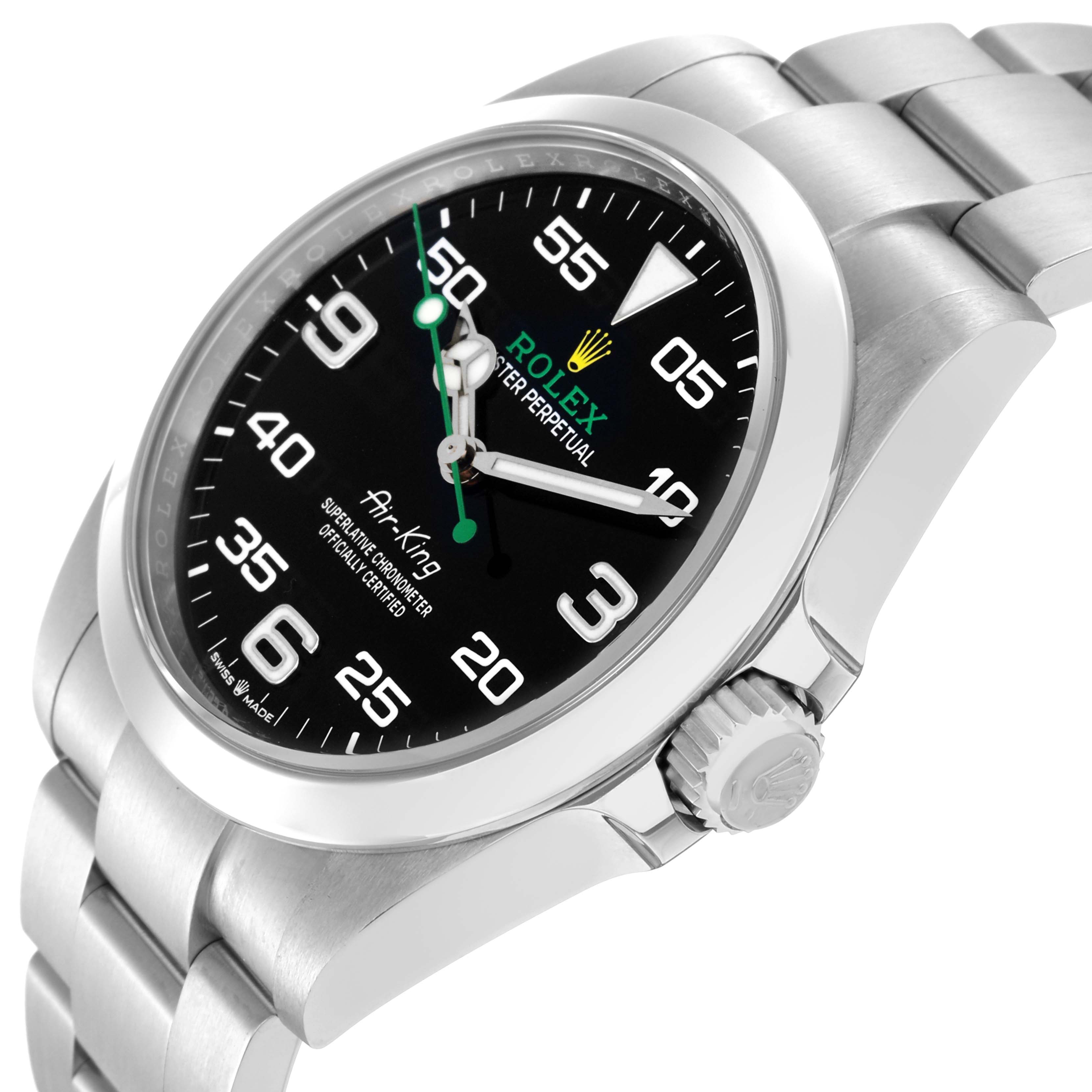 The Rolex Air-King 126900 Men's Stainless Steel Black Dial 126900 Men's Stainless Steel Black Dial watch is shown from a side angle, highlighting the dial, bezel, bracelet, and crown.