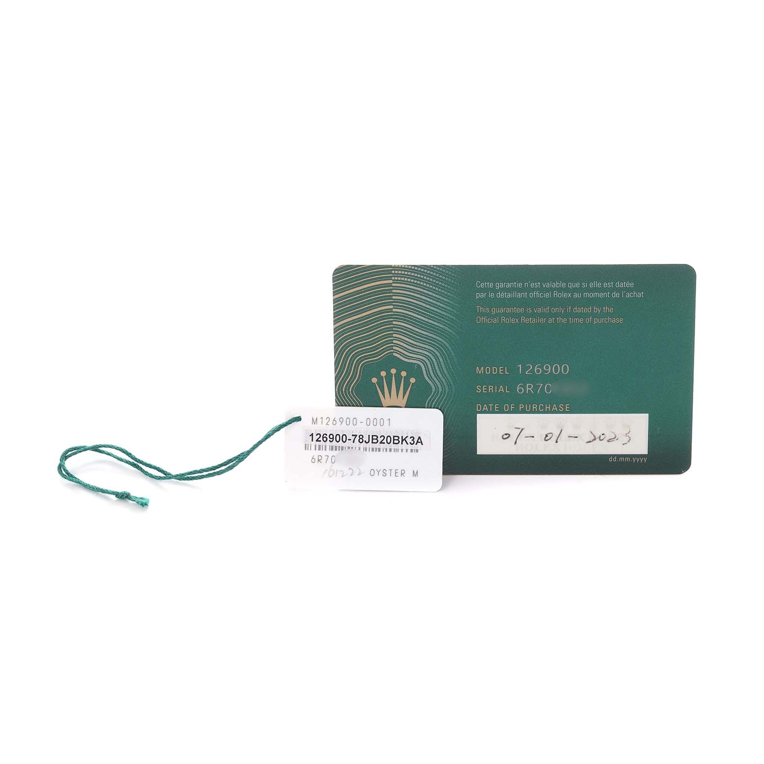 The image shows a green warranty card and a tag for a Rolex Air-King 126900 Men's Stainless Steel Black Dial 126900 Men's Stainless Steel Black Dial model, with model and serial numbers visible.