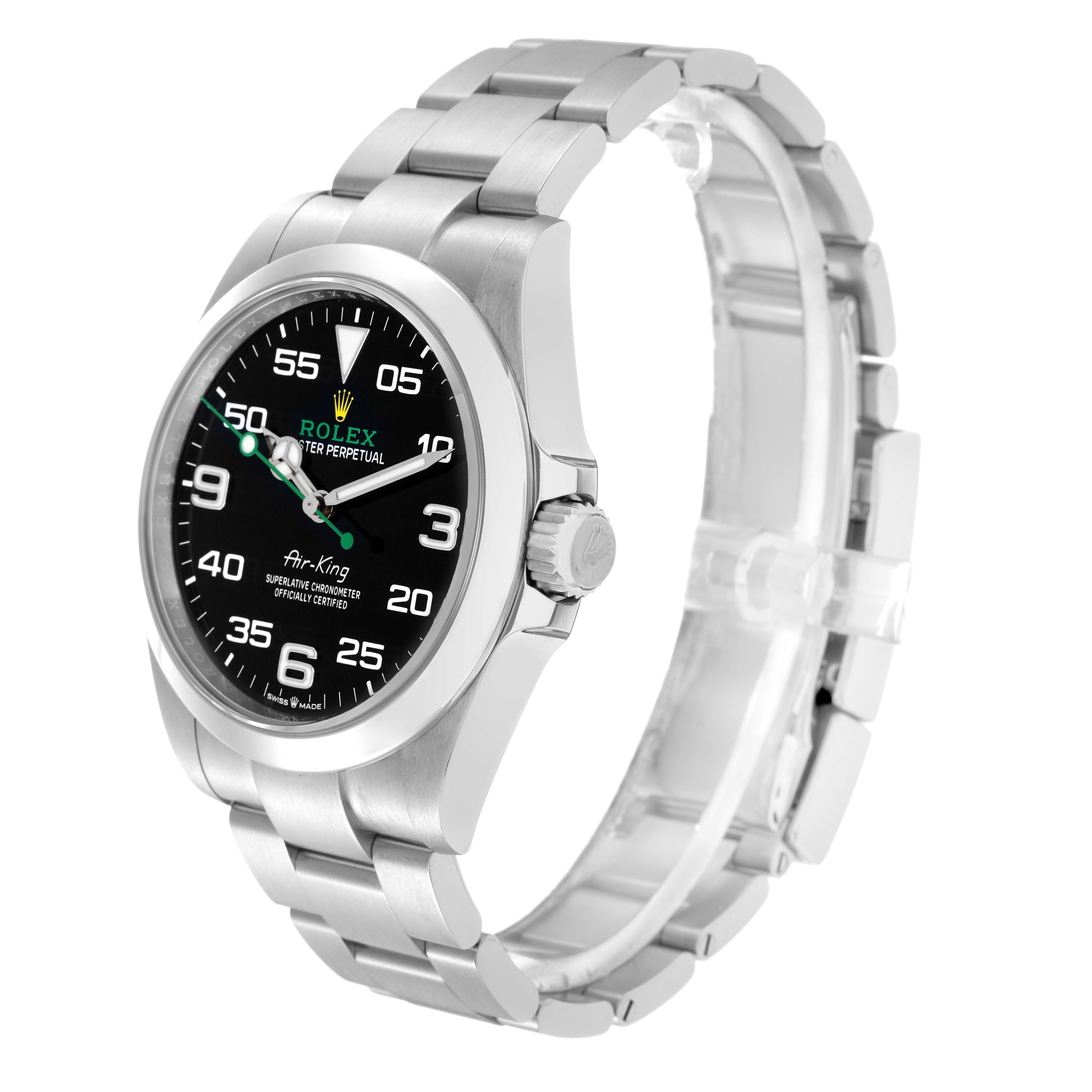 The Rolex Air-King 126900 Men's Stainless Steel Black Dial 126900 Men's Stainless Steel Black Dial watch is shown at a three-quarter angle, displaying the dial, crown, and bracelet.