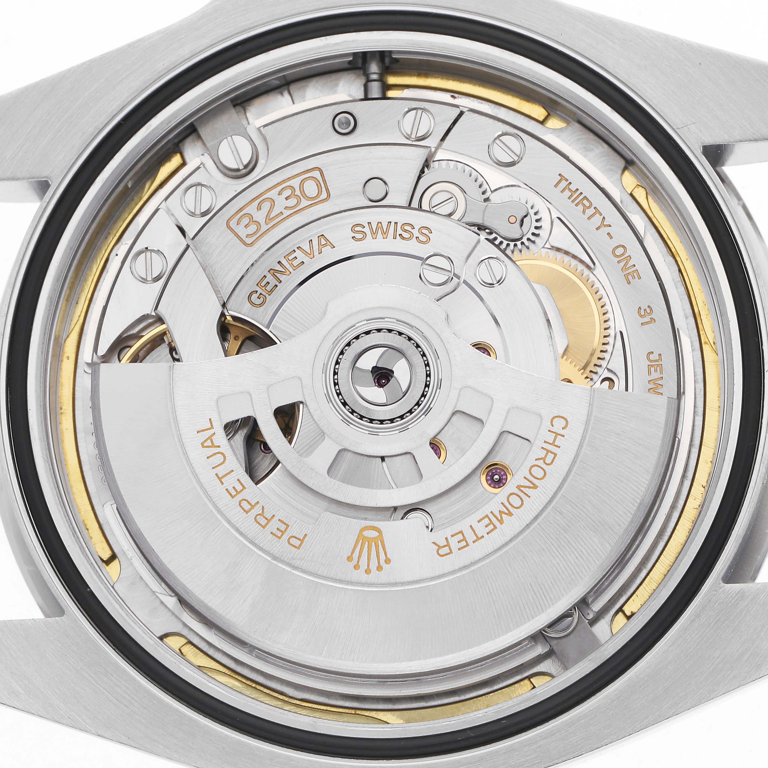 The image shows the movement of a Rolex Air-King 126900 Men's Stainless Steel Black Dial 126900 Men's Stainless Steel Black Dial watch from a close-up, focusing on its intricate components.