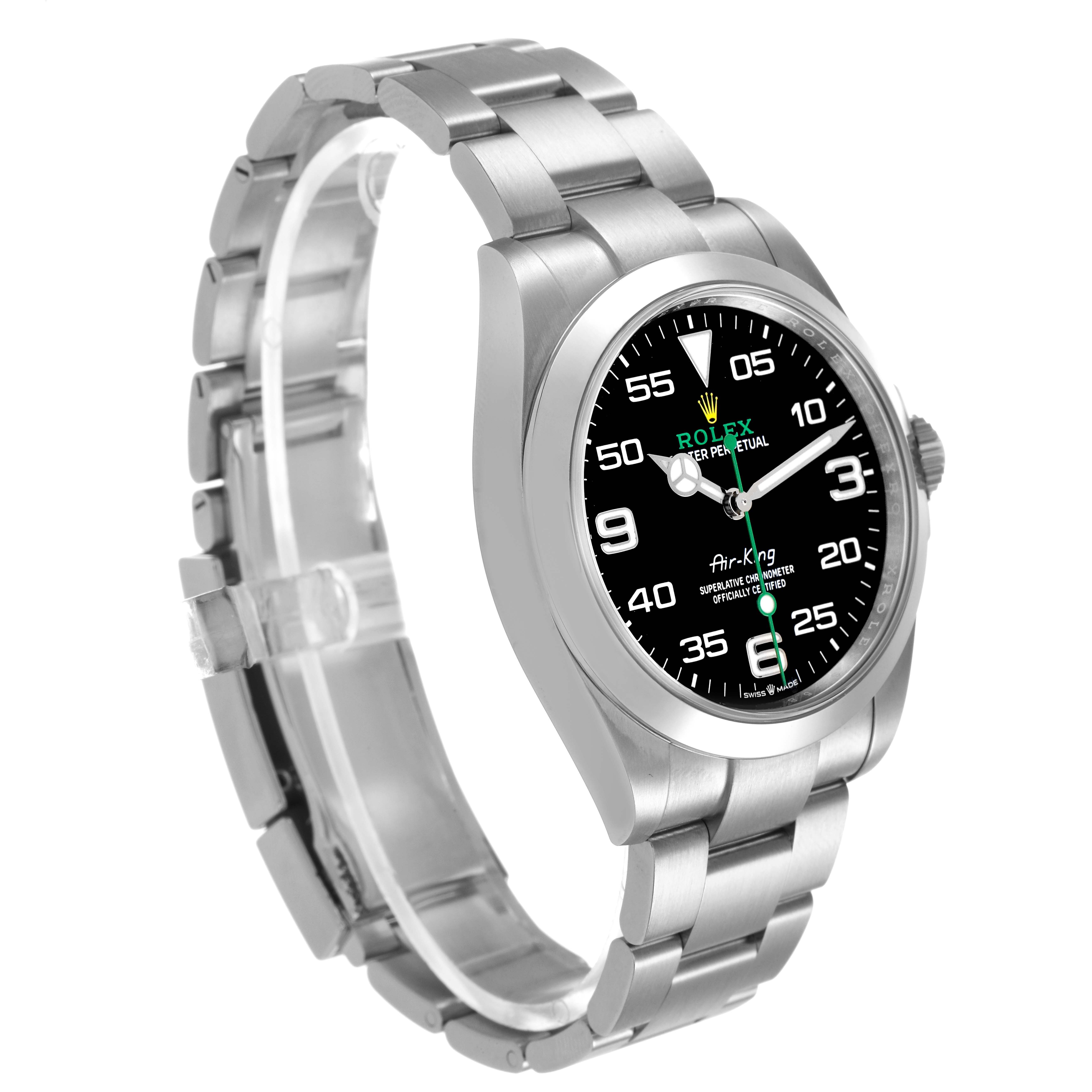 The Rolex Air-King M126900-0001 Men's Stainless Steel Black Dial watch is shown at a three-quarter angle, highlighting the face, case, and bracelet.