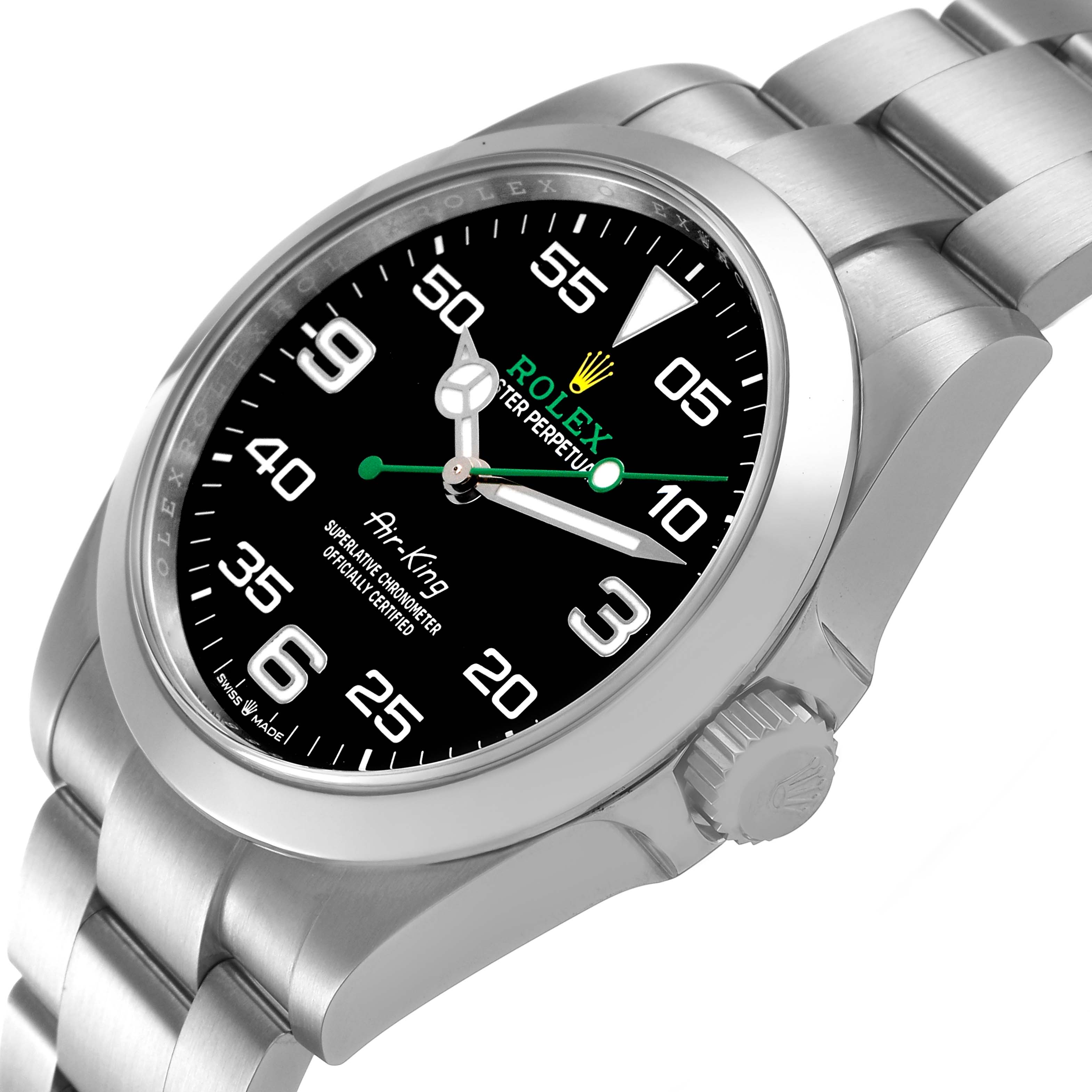 The Rolex Air-King M126900-0001 Men's Stainless Steel Black Dial watch is shown at a three-quarter angle, displaying the face and part of the bracelet.