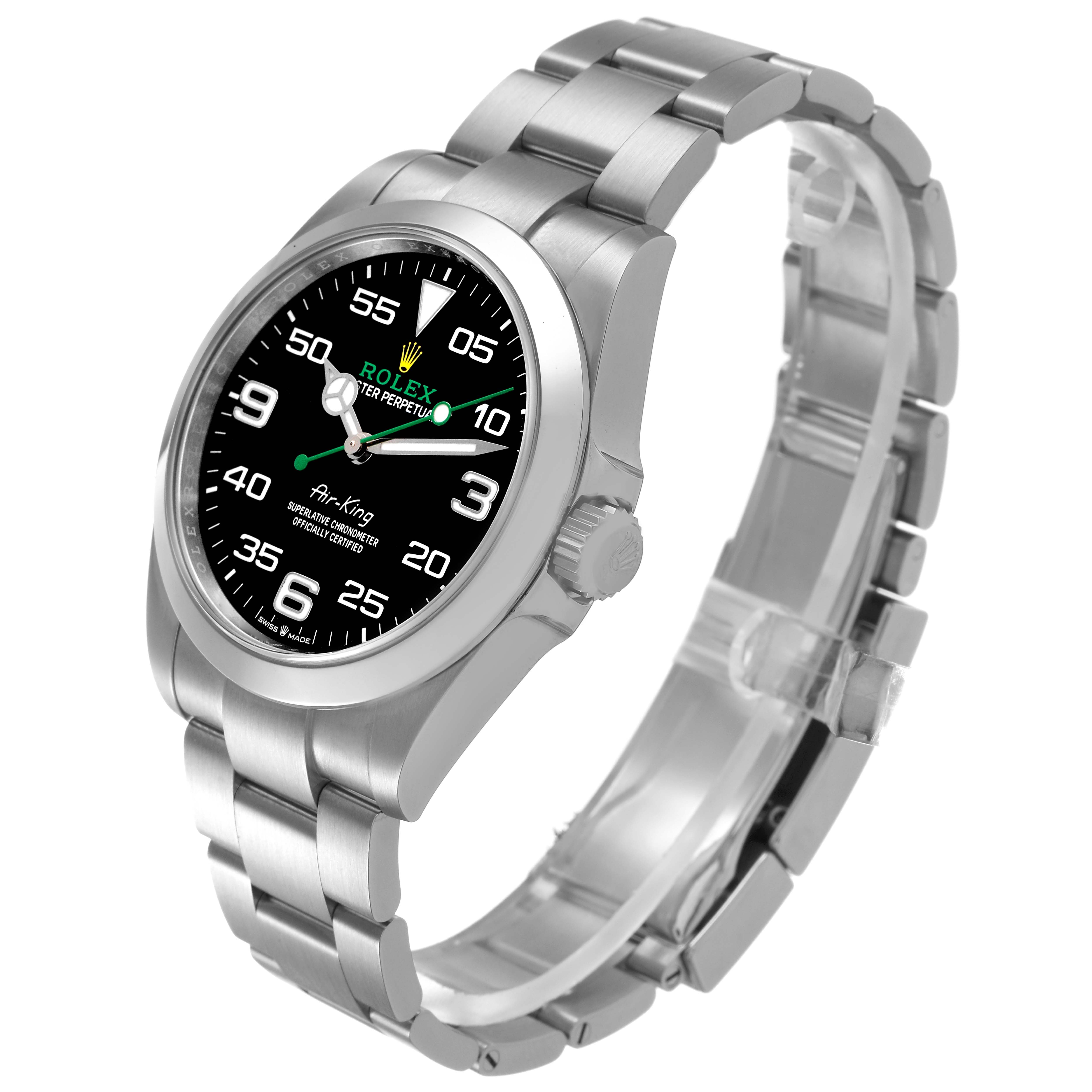 The Rolex Air-King M126900-0001 Men's Stainless Steel Black Dial watch is shown at a three-quarter angle, displaying the face, bezel, crown, and part of the bracelet.
