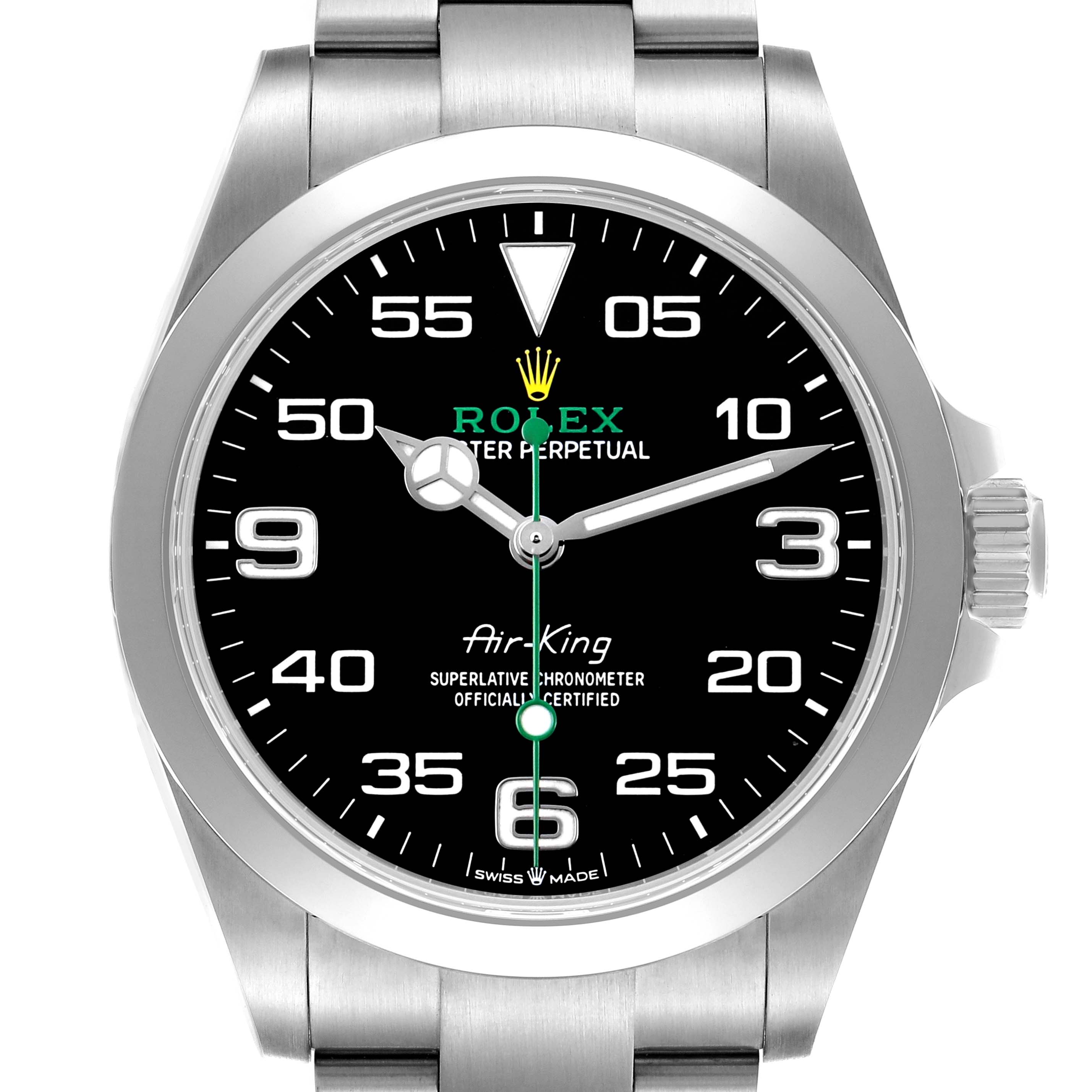 The Rolex Air-King M126900-0001 Men's Stainless Steel Black Dial watch is shown from a front angle, displaying the dial, bezel, and part of the bracelet.