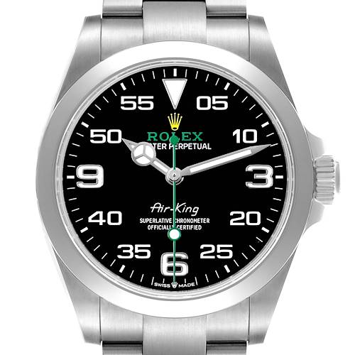 The Rolex Air-King M126900-0001 Men's Stainless Steel Black Dial watch is shown from a front angle, displaying the dial, hands, and bezel.