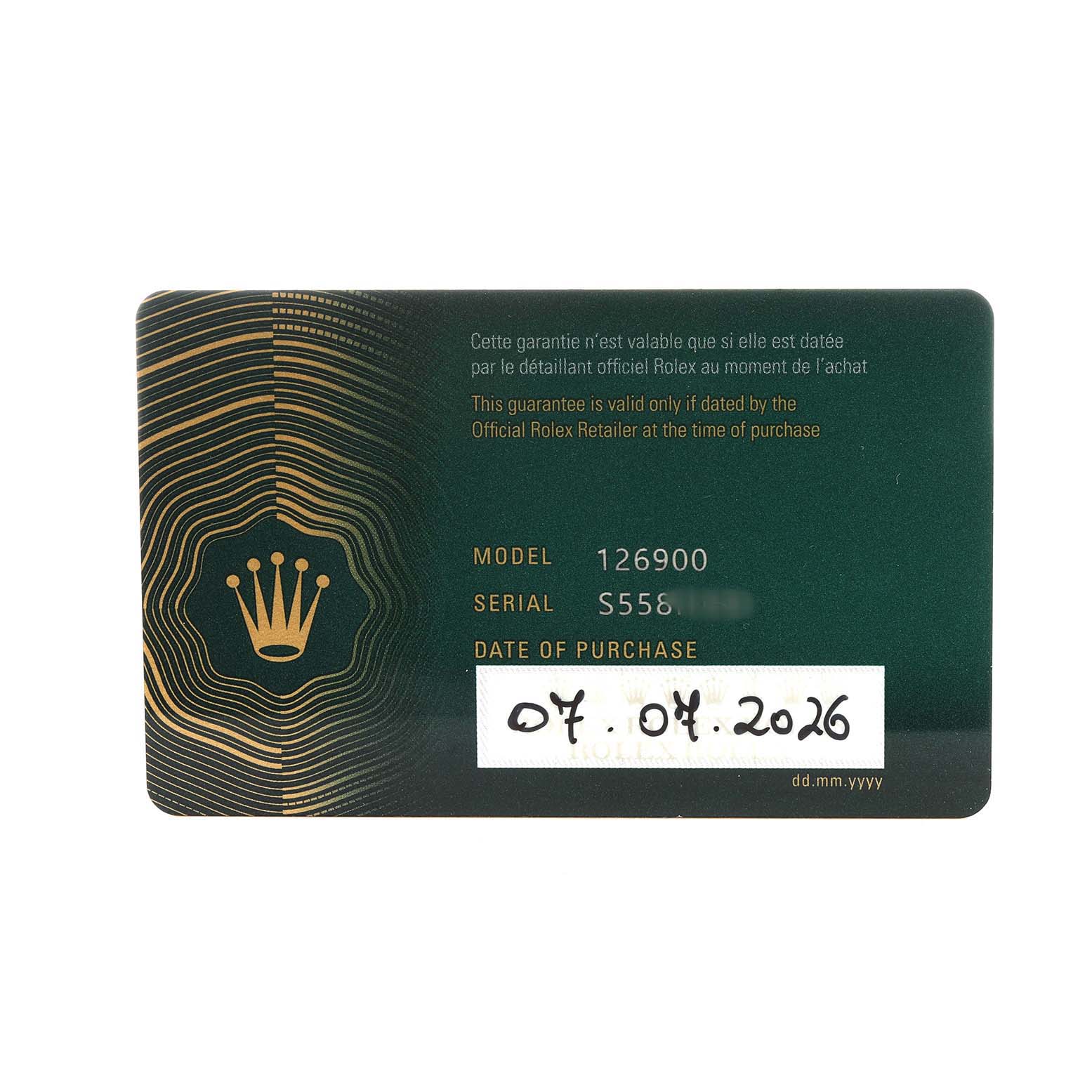 This image shows a warranty card for the Rolex Air-King M126900-0001 Men's Stainless Steel Black Dial model, displaying the model number, serial number, and purchase date.