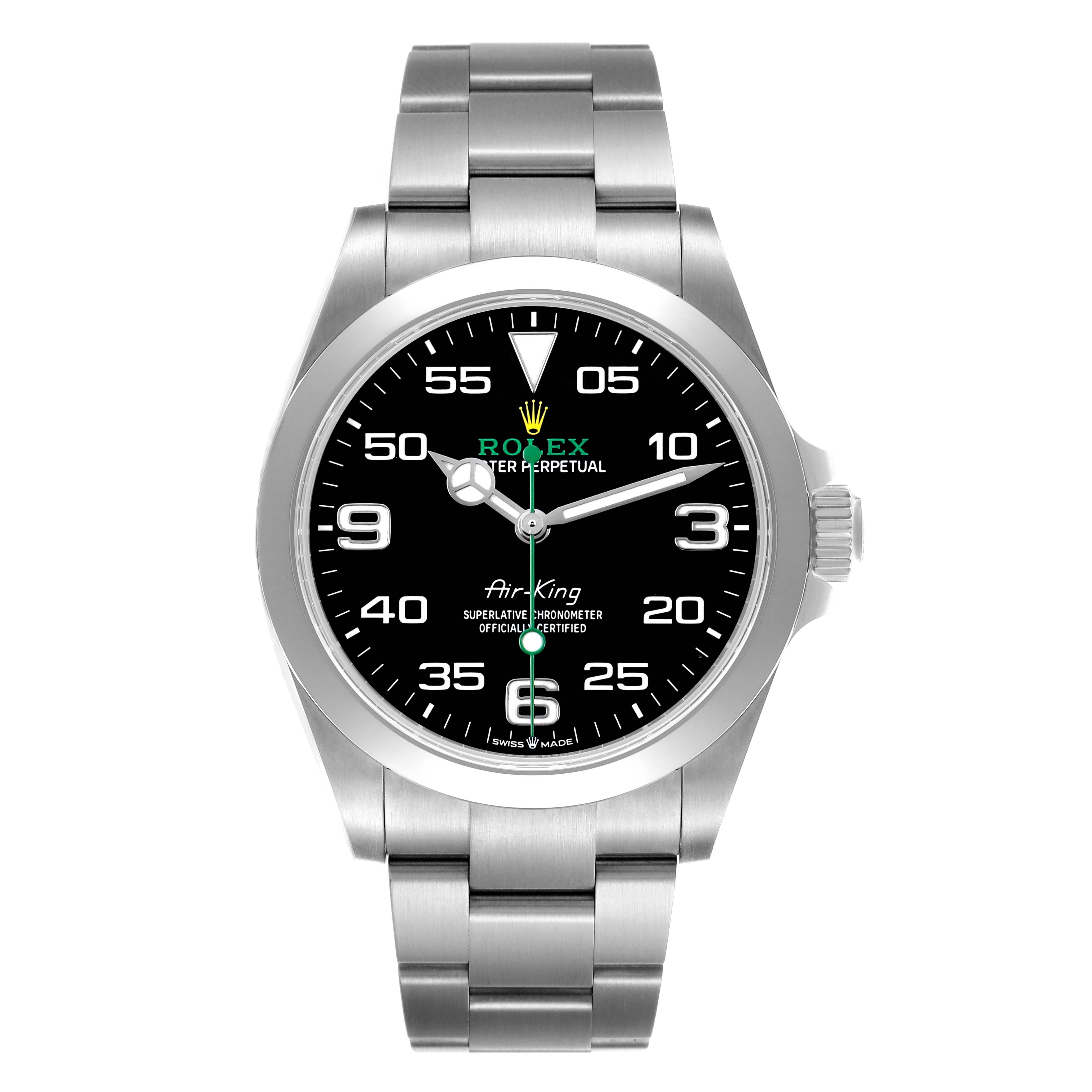 The Rolex Air-King M126900-0001 Men's Stainless Steel Black Dial watch is shown from a front angle, displaying its face, bezel, and bracelet.