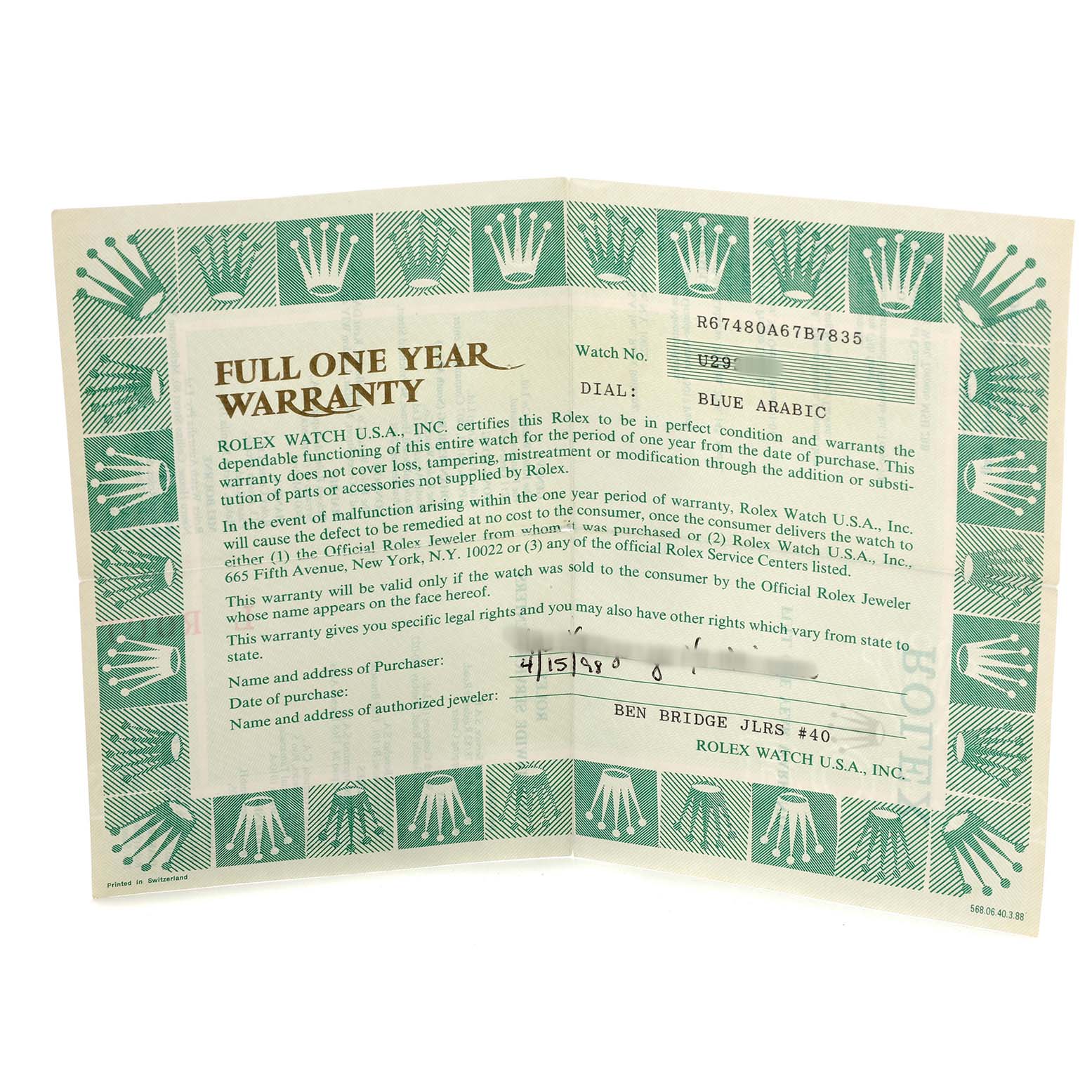 The image shows a full view of the warranty card for a Mid-Size Rolex watch, detailing purchase and warranty information.