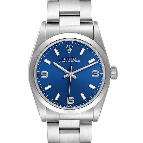 The Rolex Mid-Size 67480 Women's Stainless Steel Blue Dial watch is shown from a front angle, displaying the blue dial, bracelet, and crown.