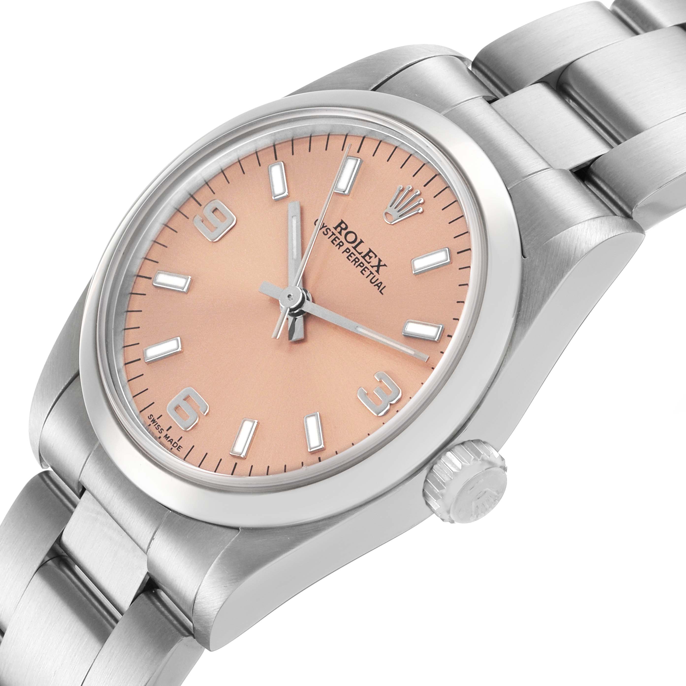 The Rolex Mid-Size 67480 Women's Stainless Steel Pink Dial watch is shown at an angled view, highlighting the dial, bracelet, and crown on the side.