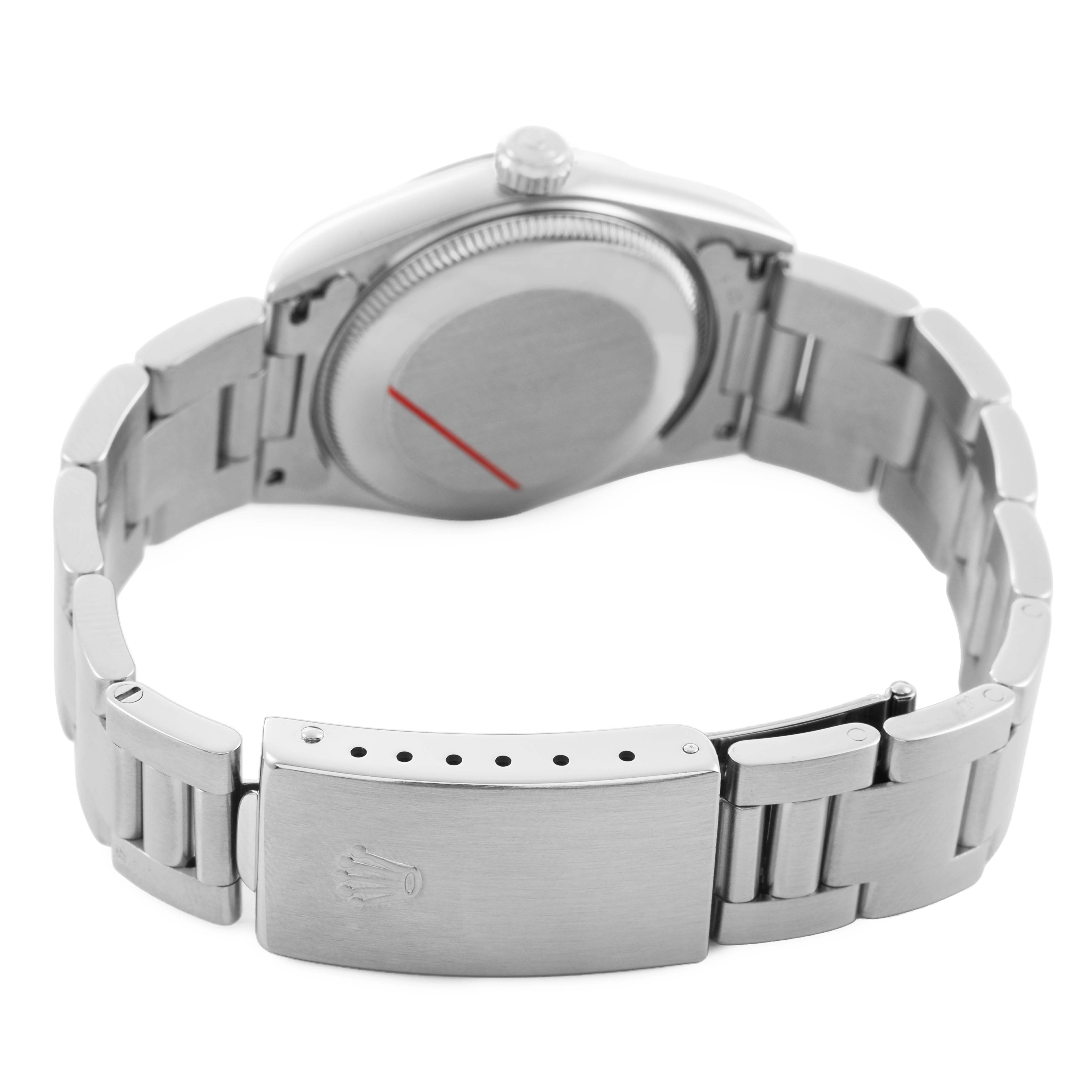 The image shows the rear view of a Rolex Mid-Size 67480 Women's Stainless Steel Pink Dial watch, featuring its closed case back and linked bracelet with clasp.