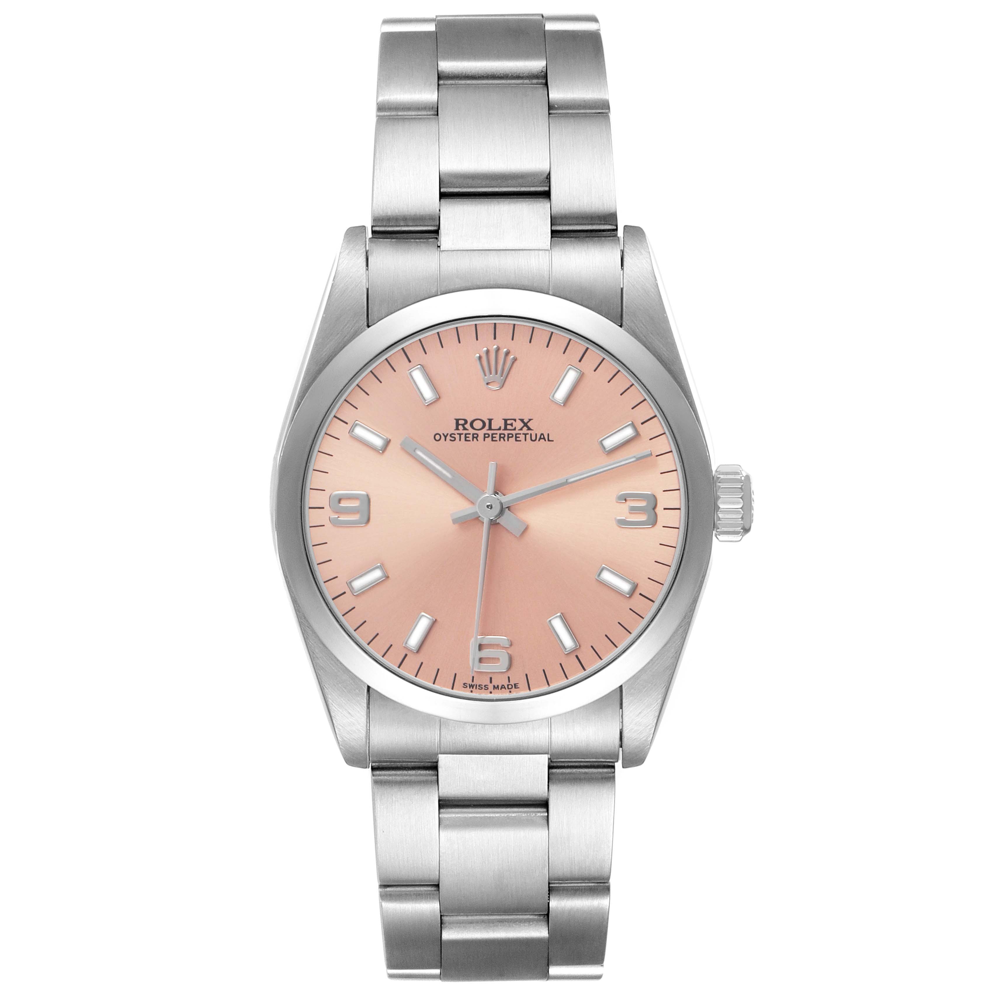 The Rolex Mid-Size 67480 Women's Stainless Steel Pink Dial watch is shown from a top-down angle, highlighting its face, bezel, bracelet, and crown.