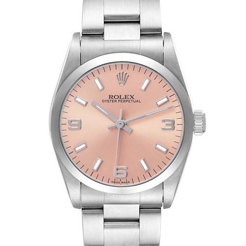 The Rolex Oyster Perpetual Mid-Size watch is shown from the front, highlighting its pink dial, markers, and metal bracelet.